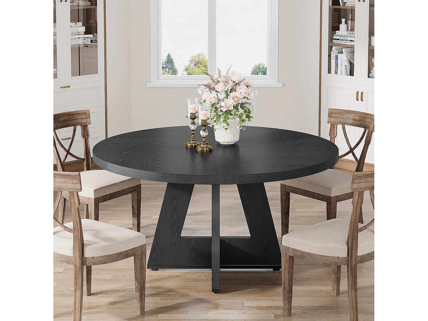 Table à manger de style campagnard, table ronde de 120 cm pour 4 personnes, table de salle à manger noire