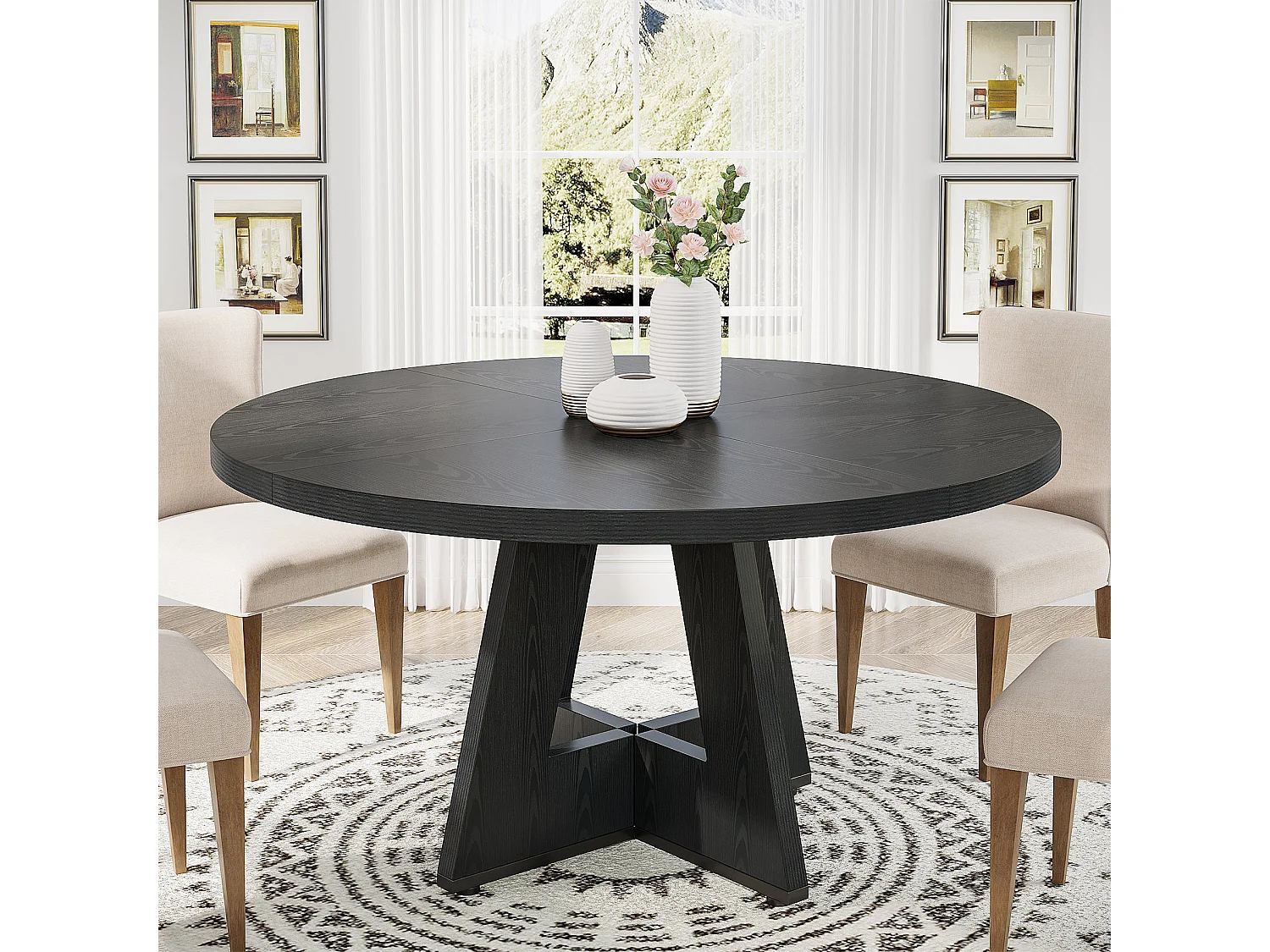 Table à manger de style campagnard, table ronde de 120 cm pour 4 personnes, table de salle à manger noire