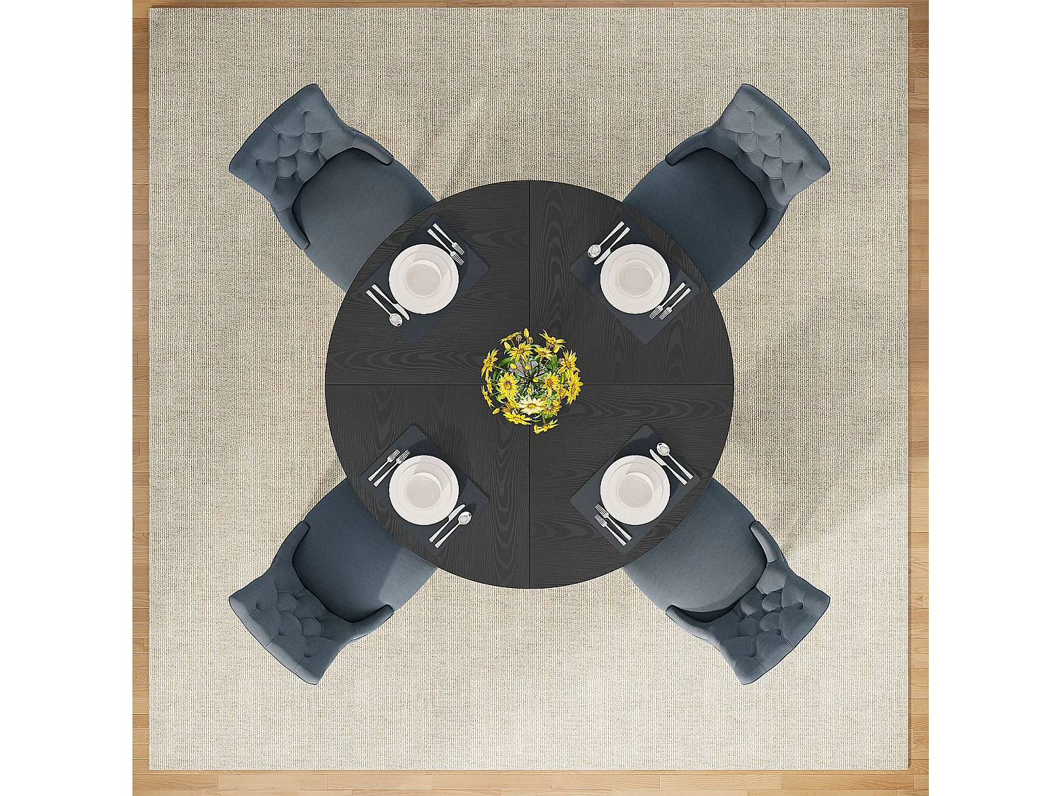 Table à manger de style campagnard, table ronde de 120 cm pour 4 personnes, table de salle à manger noire