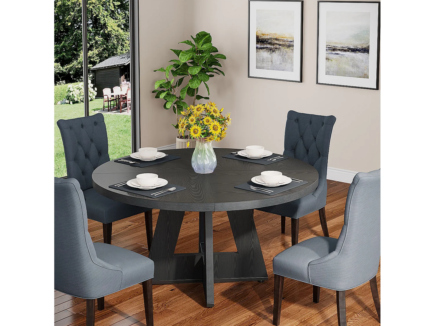 Table à manger de style campagnard, table ronde de 120 cm pour 4 personnes, table de salle à manger noire