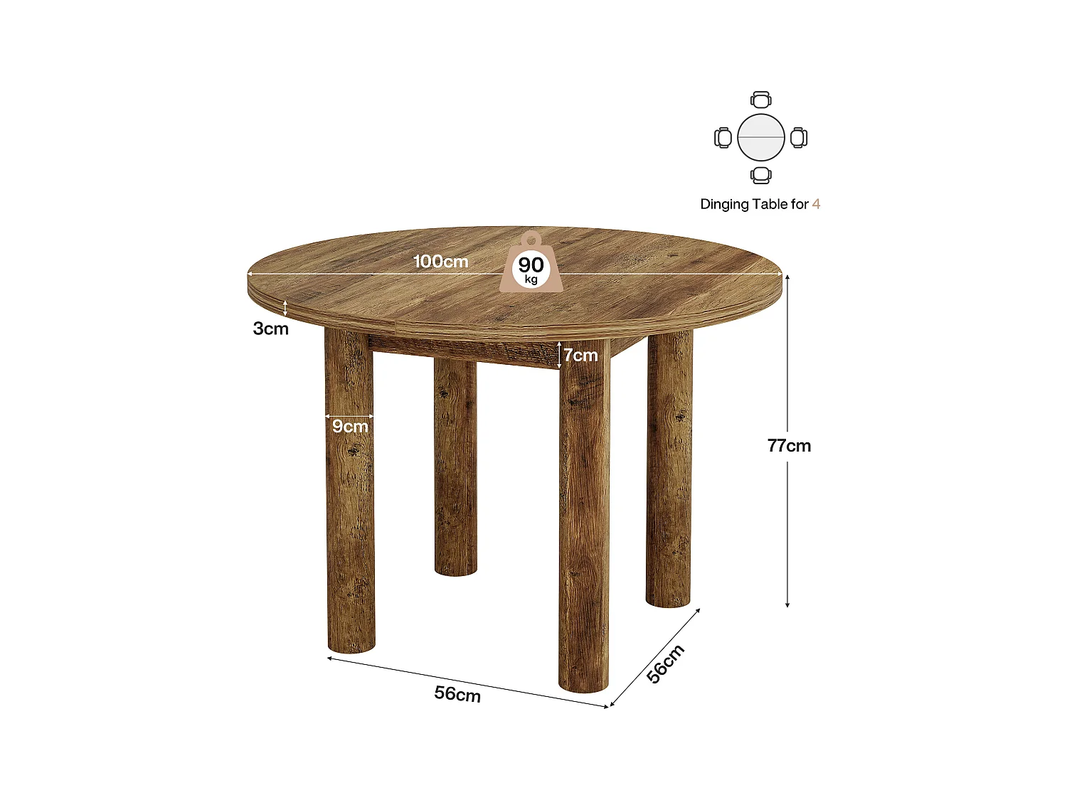 Table à manger ronde de 100 cm, style rustique et moderne, avec pieds robustes pour la cuisine et la salle à manger