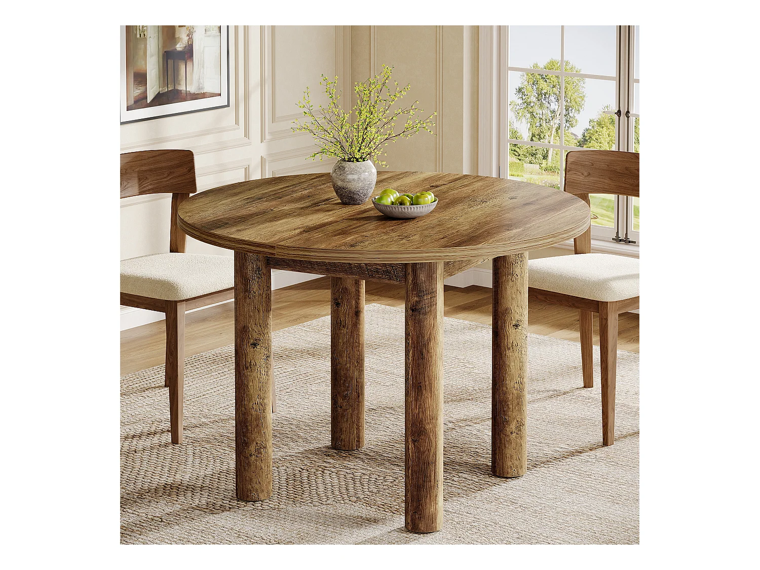 Table à manger ronde de 100 cm, style rustique et moderne, avec pieds robustes pour la cuisine et la salle à manger