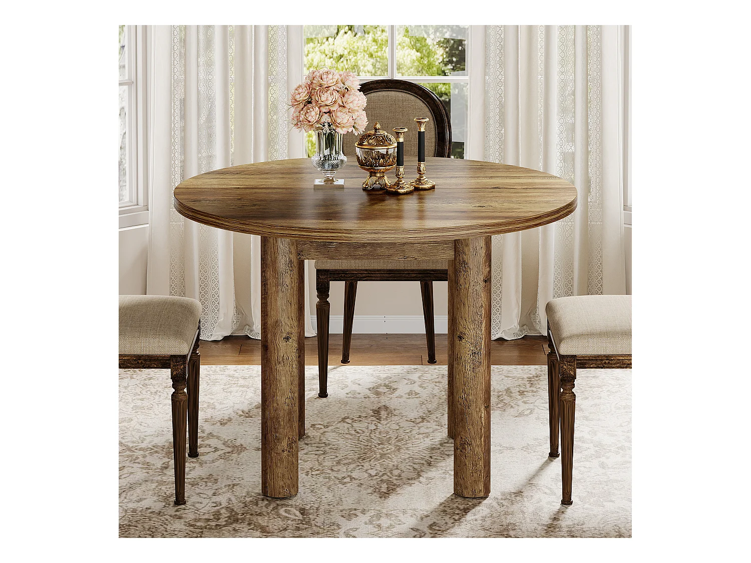 Table à manger ronde de 100 cm, style rustique et moderne, avec pieds robustes pour la cuisine et la salle à manger