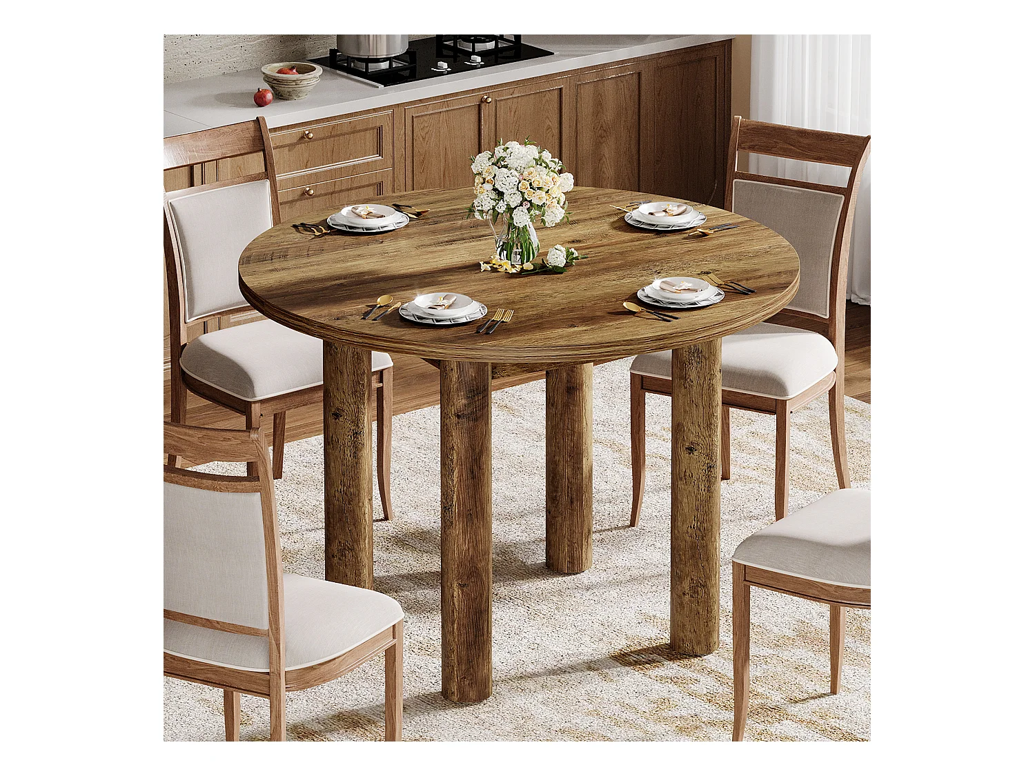 Table à manger ronde de 100 cm, style rustique et moderne, avec pieds robustes pour la cuisine et la salle à manger