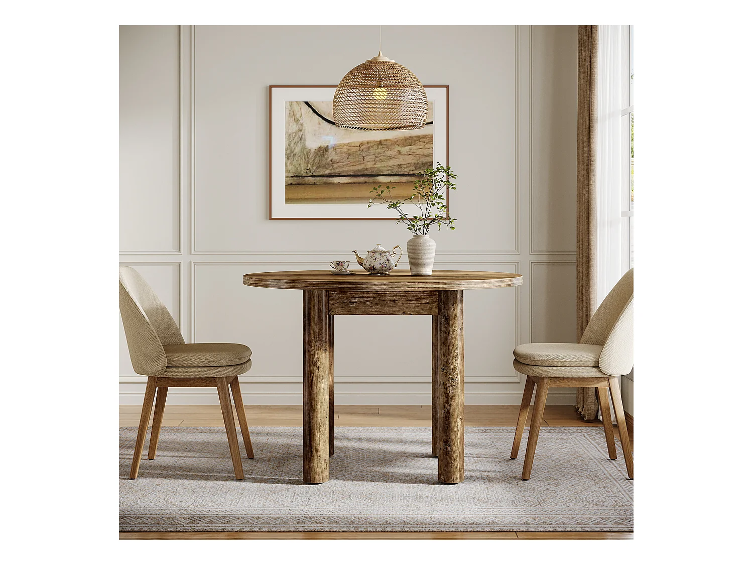 Table à manger ronde de 100 cm, style rustique et moderne, avec pieds robustes pour la cuisine et la salle à manger