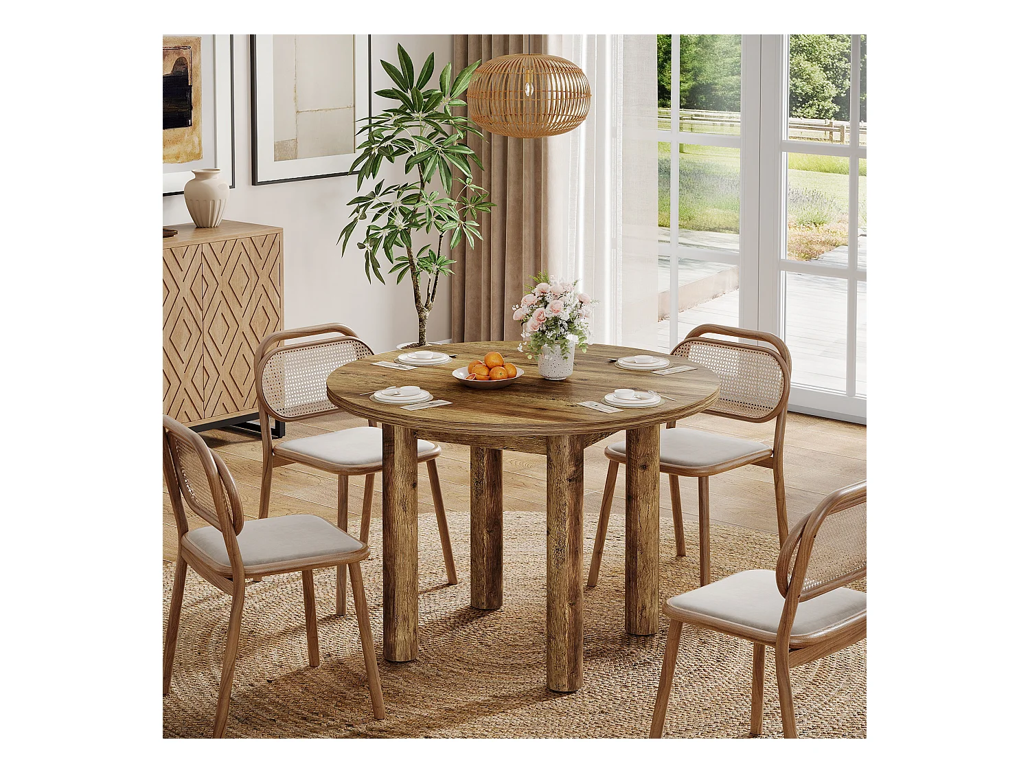 Table à manger ronde de 100 cm, style rustique et moderne, avec pieds robustes pour la cuisine et la salle à manger