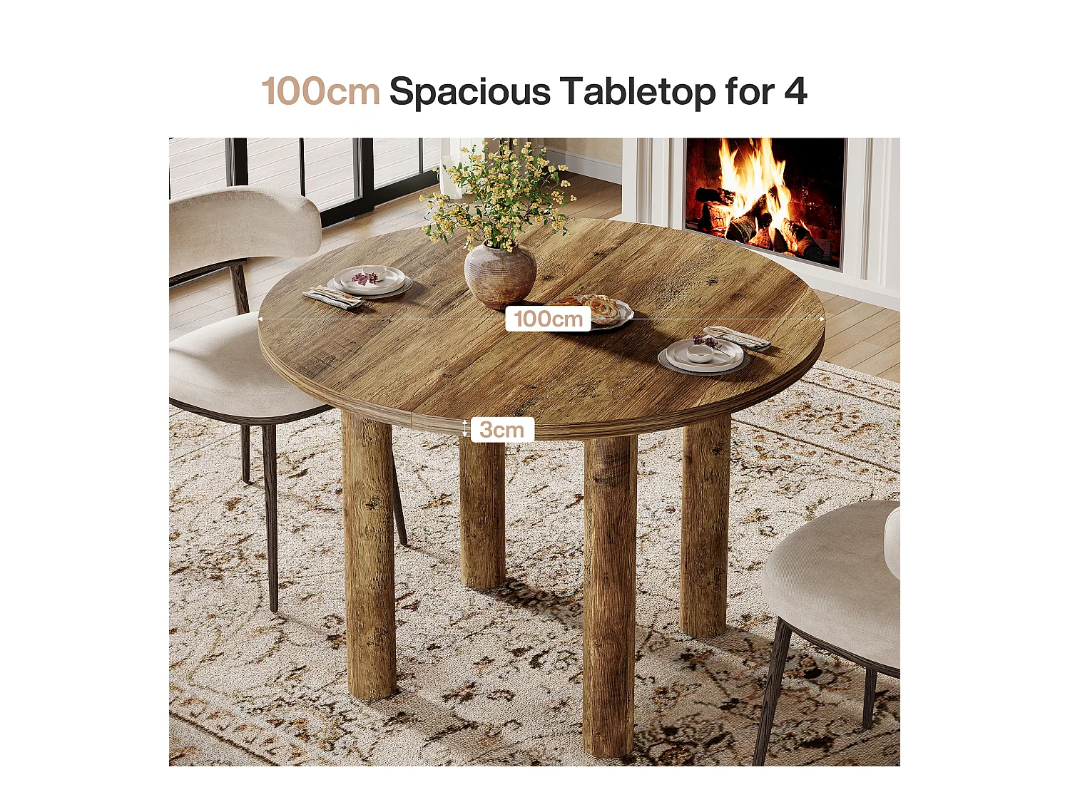 Table à manger ronde de 100 cm, style rustique et moderne, avec pieds robustes pour la cuisine et la salle à manger