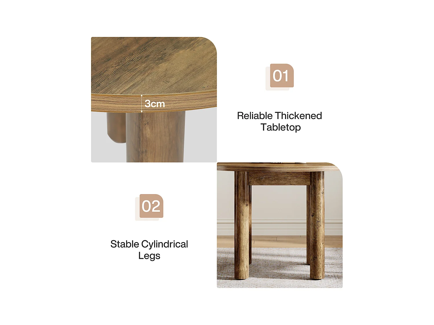 Table à manger ronde de 100 cm, style rustique et moderne, avec pieds robustes pour la cuisine et la salle à manger