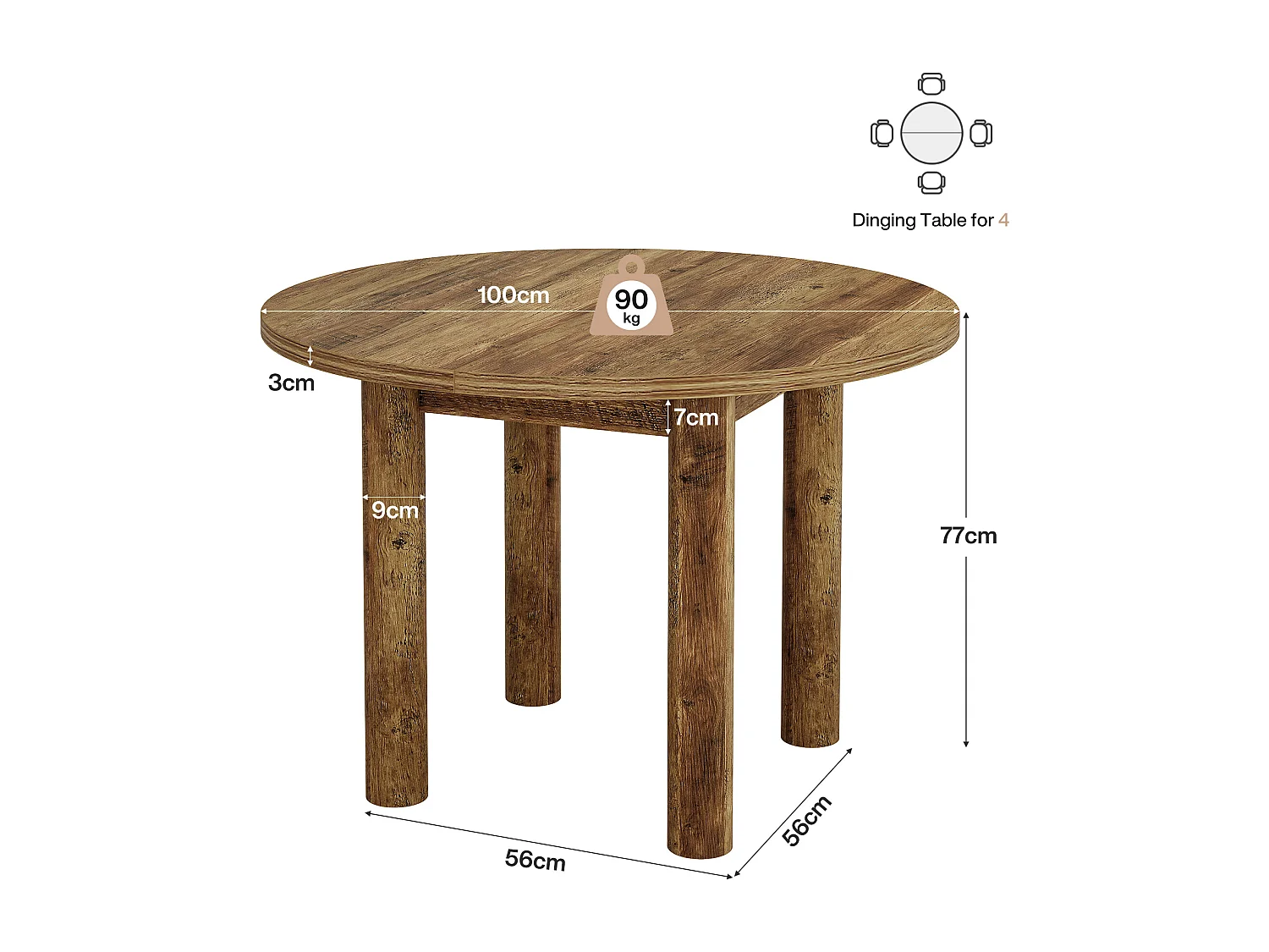 Mesa de comedor redonda de 100 cm, estilo rústico moderno, con patas resistentes para cocina y comedor