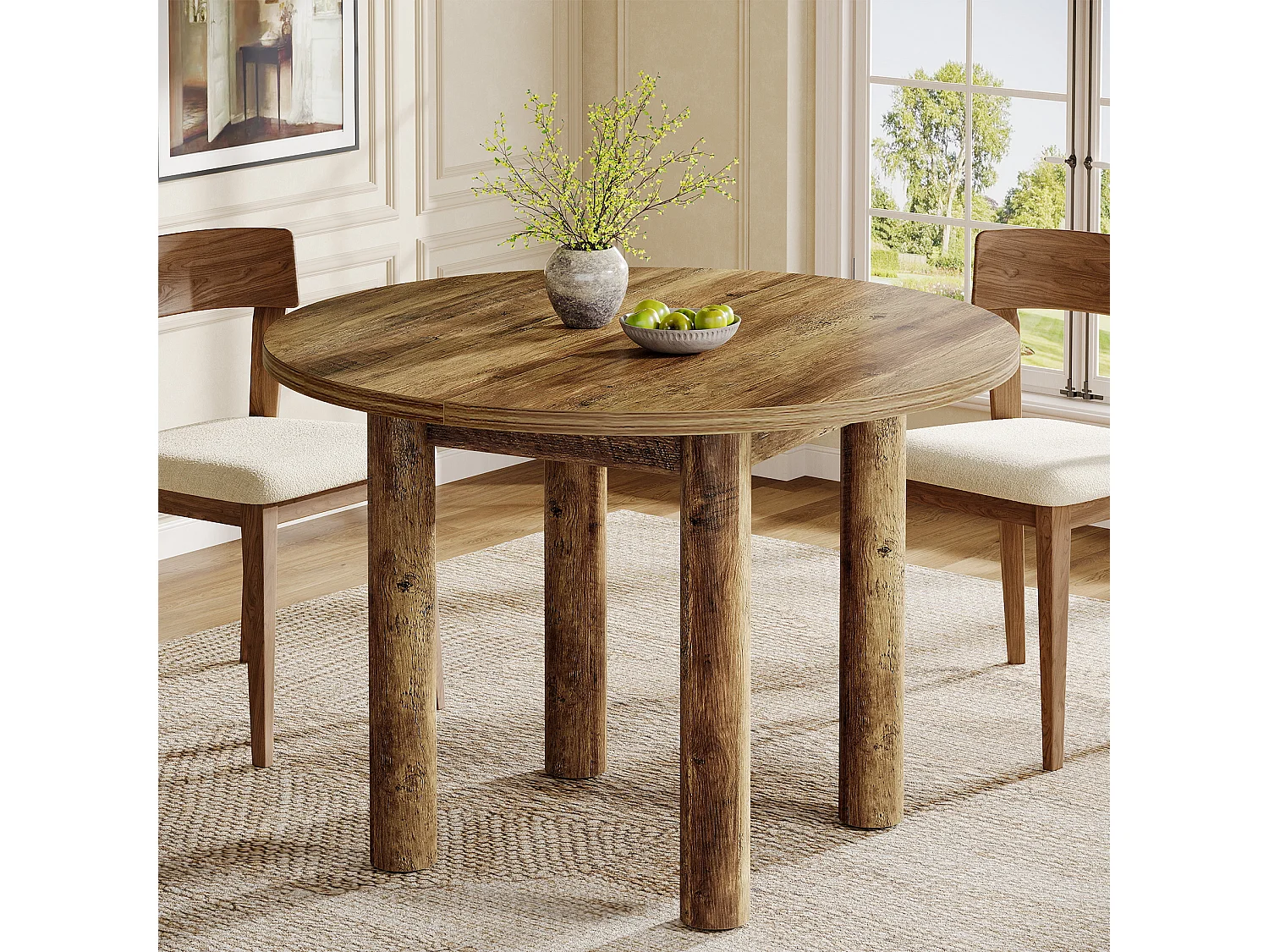 Mesa de comedor redonda de 100 cm, estilo rústico moderno, con patas resistentes para cocina y comedor