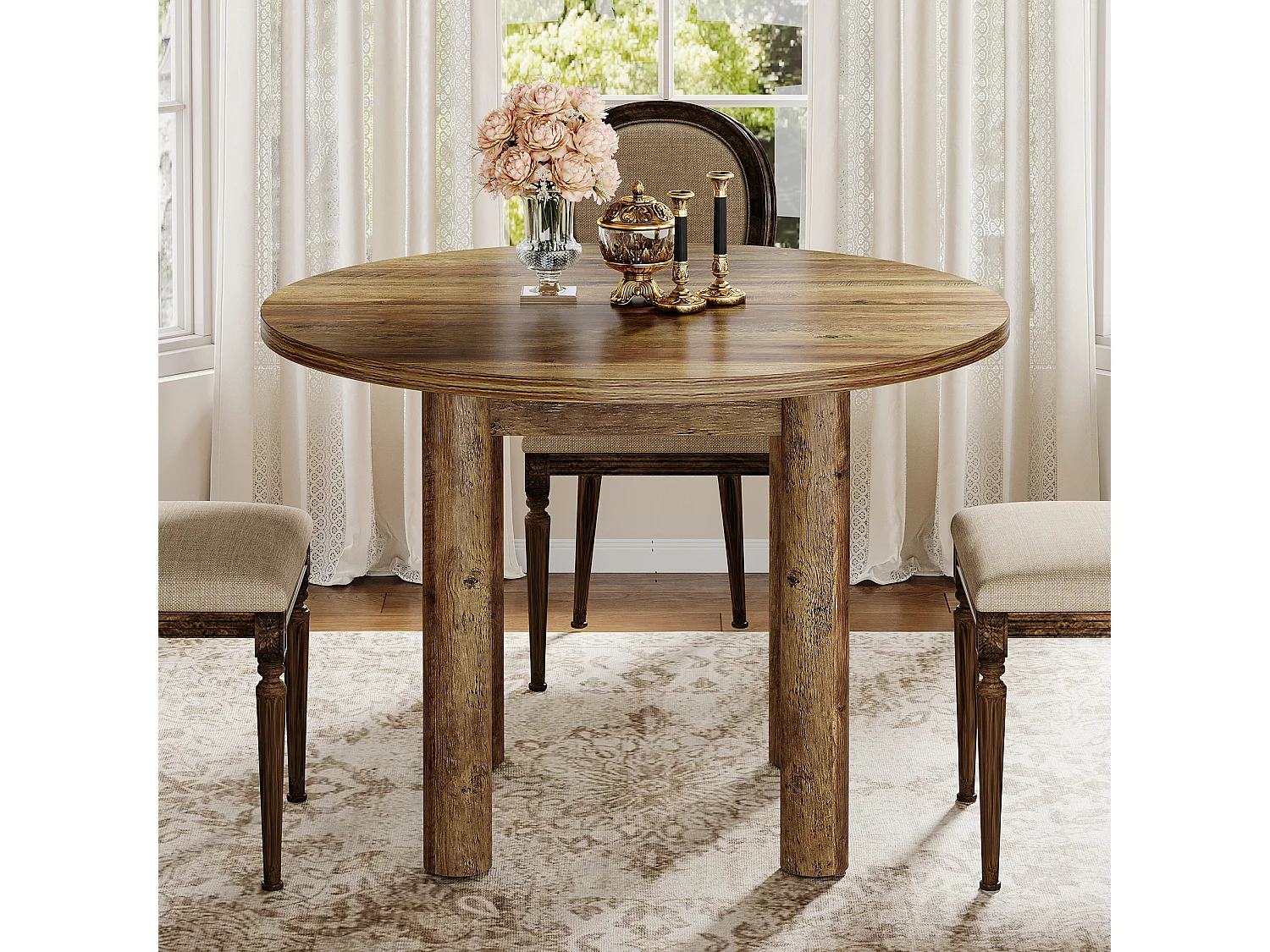 Mesa de comedor redonda de 100 cm, estilo rústico moderno, con patas resistentes para cocina y comedor