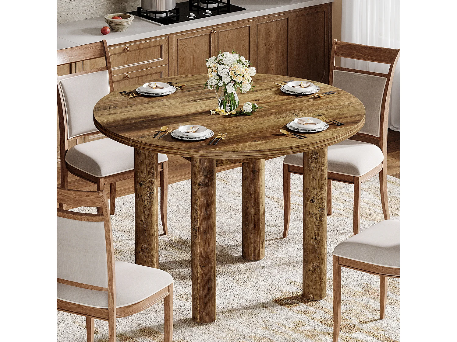 Mesa de comedor redonda de 100 cm, estilo rústico moderno, con patas resistentes para cocina y comedor