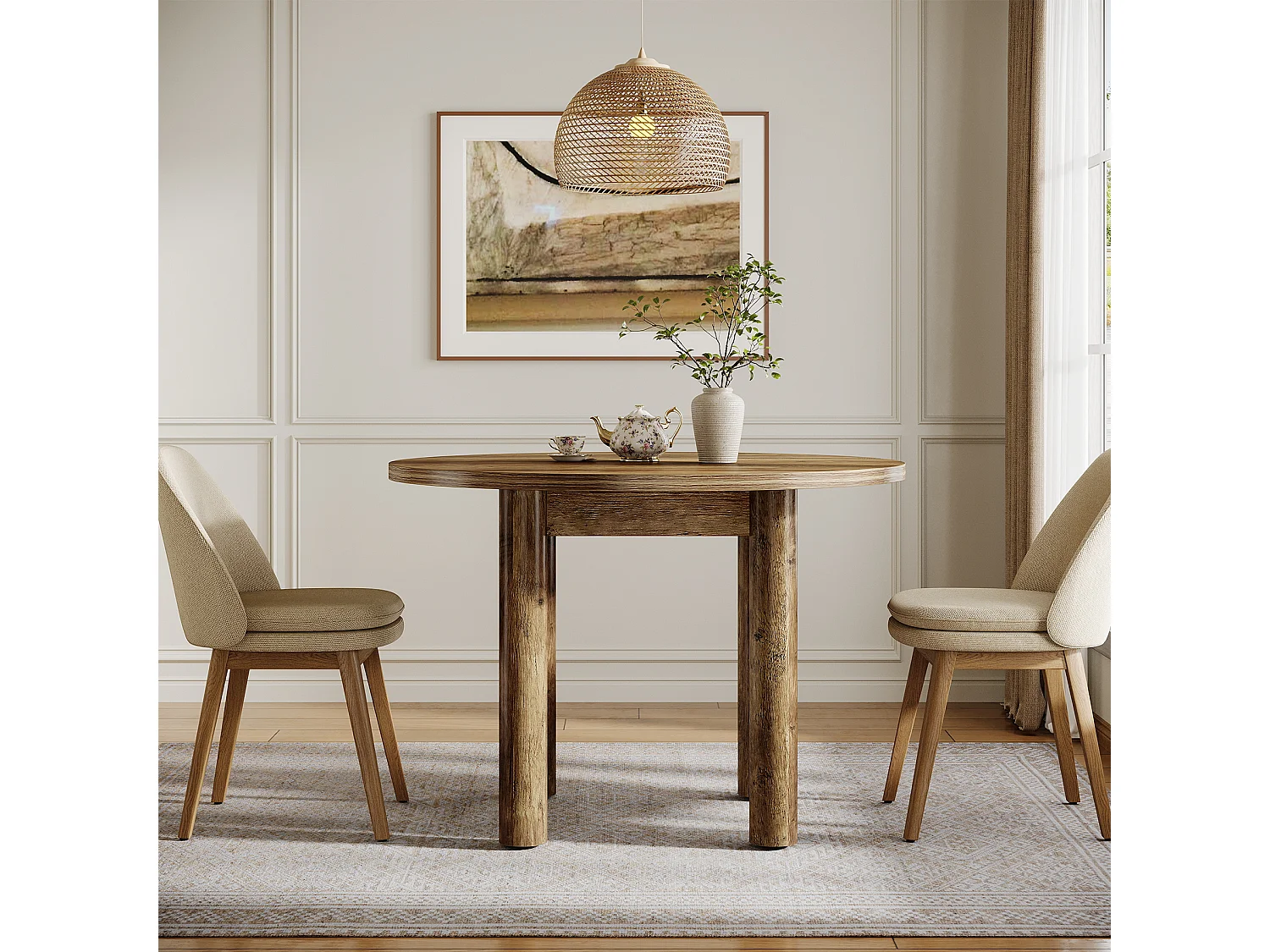 Mesa de comedor redonda de 100 cm, estilo rústico moderno, con patas resistentes para cocina y comedor