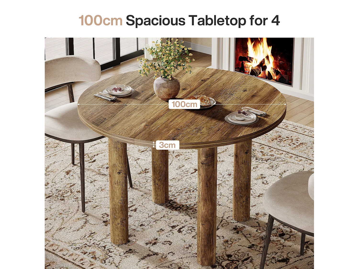 Mesa de comedor redonda de 100 cm, estilo rústico moderno, con patas resistentes para cocina y comedor