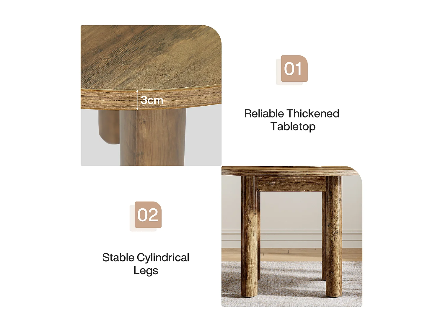 Mesa de comedor redonda de 100 cm, estilo rústico moderno, con patas resistentes para cocina y comedor