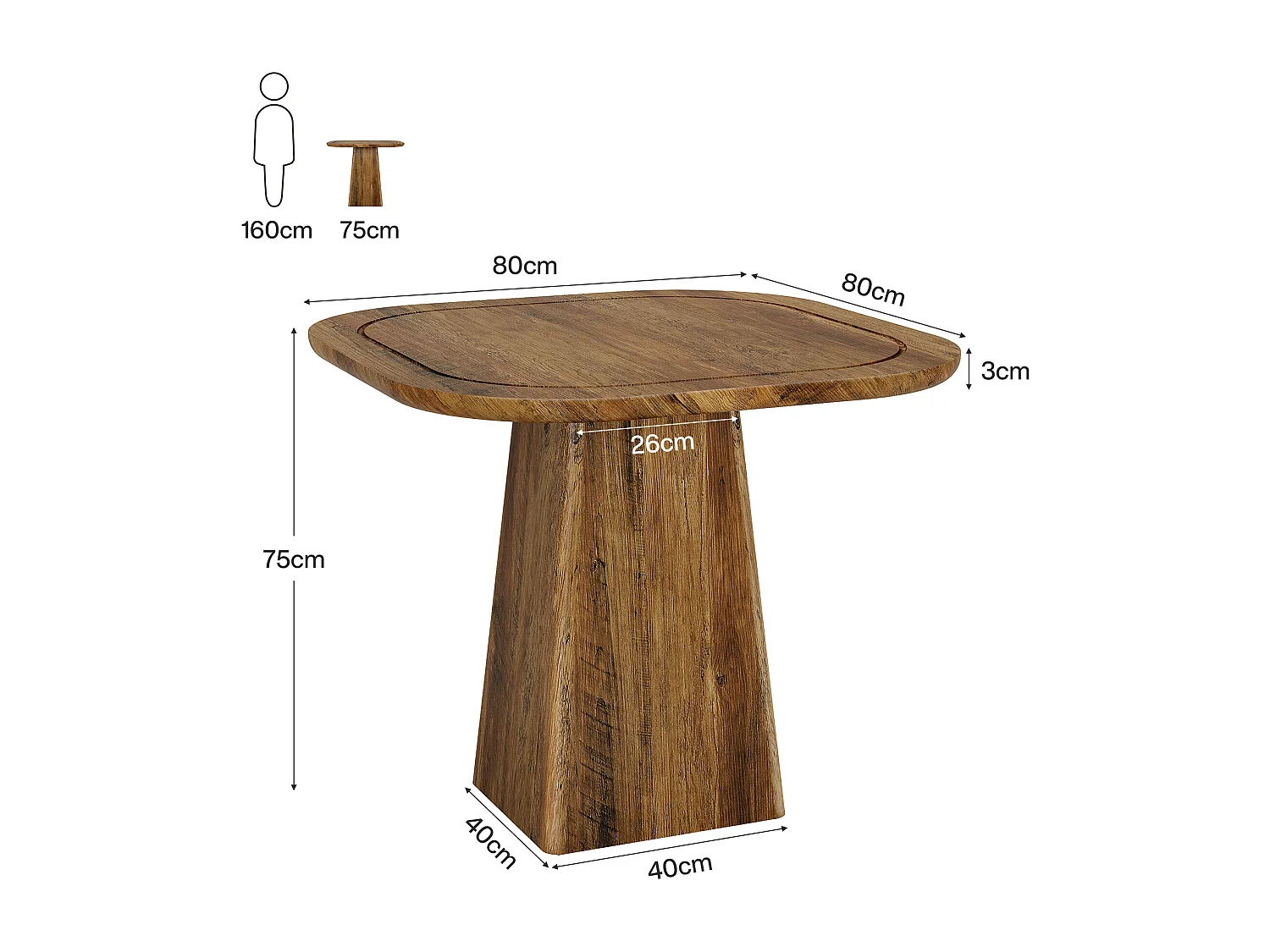 Mesa de jantar quadrada para 2-4 pessoas, mesa pequena de cozinha rural de 80 cm com base de pedestal resistente