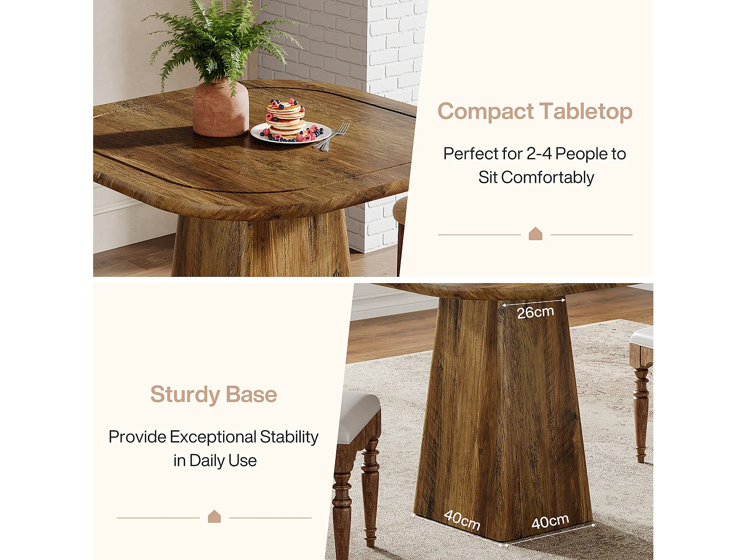 Mesa de jantar quadrada para 2-4 pessoas, mesa pequena de cozinha rural de 80 cm com base de pedestal resistente