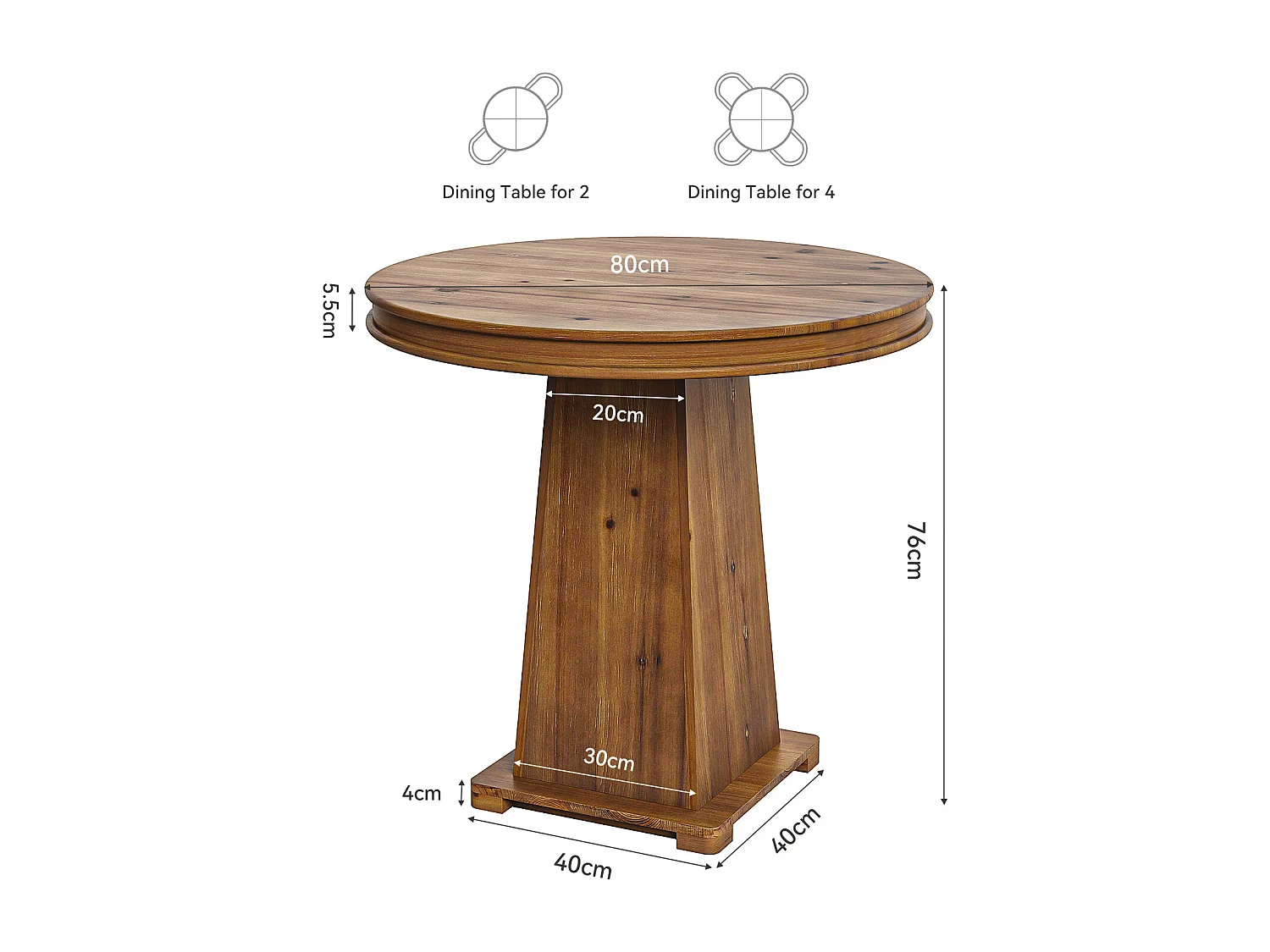 Mesa de jantar de madeira maciça redonda de 80 cm. Pequena mesa de cozinha moderna para sala de jantar, cozinha, cor marrom rústico.