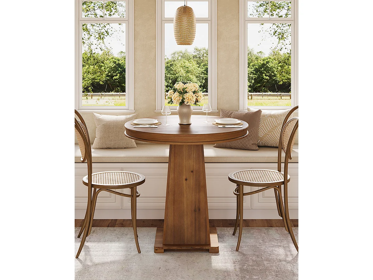 Mesa de jantar de madeira maciça redonda de 80 cm. Pequena mesa de cozinha moderna para sala de jantar, cozinha, cor marrom rústico.