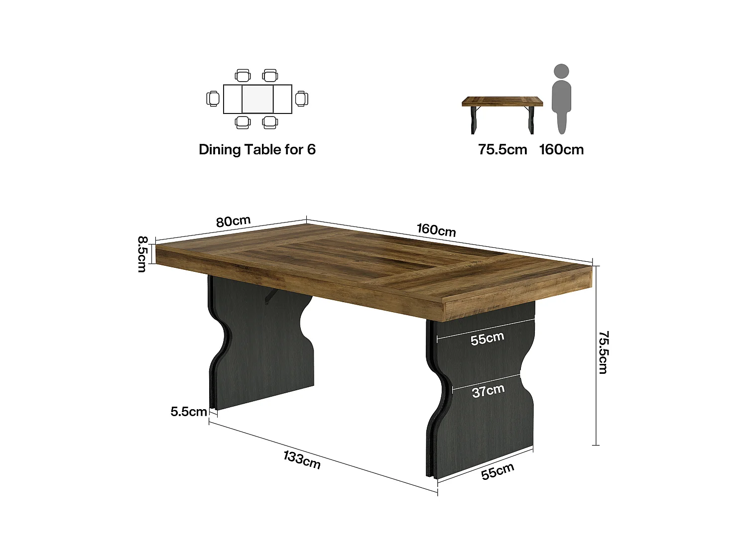 Stół jadalny 160 cm dla 4-6 osób, duży prostokątny stół kuchenny (tylko stół)
