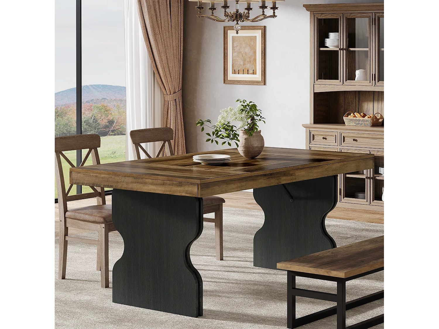 Table à manger rectangulaire de 160 cm pour 4 à 6 personnes, grande table de cuisine, marron et noir (table seule)