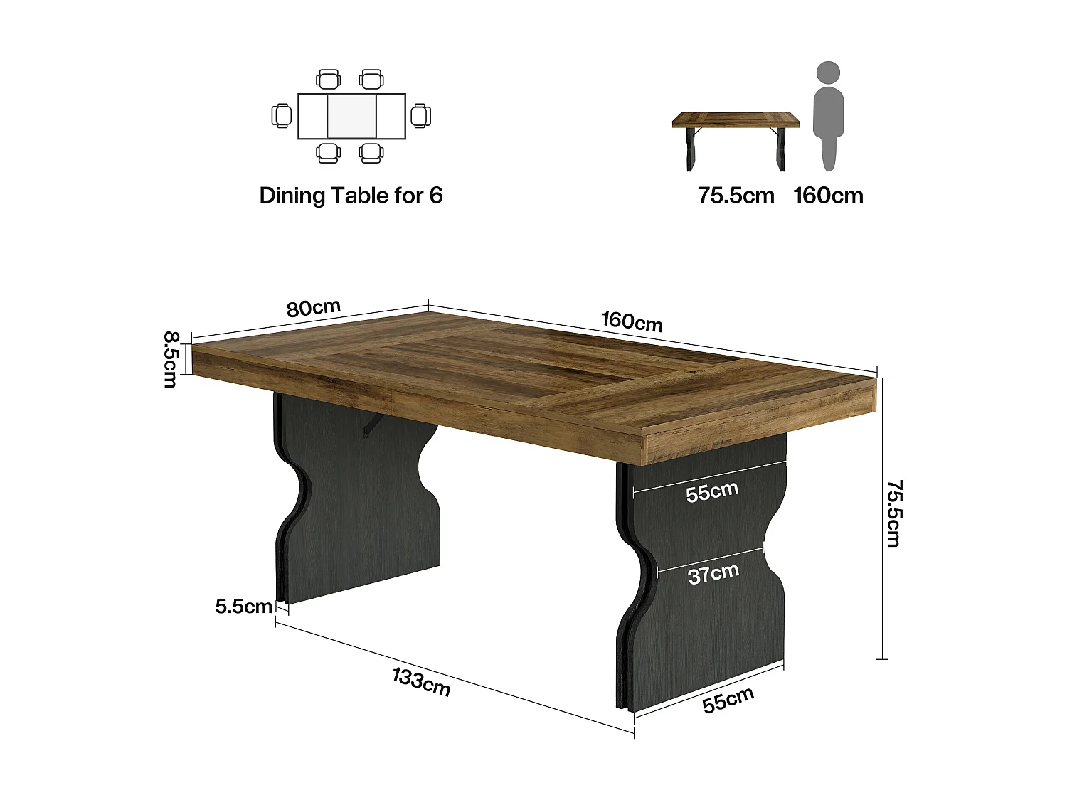 Table à manger rectangulaire de 160 cm pour 4 à 6 personnes, grande table de cuisine, marron et noir (table seule)