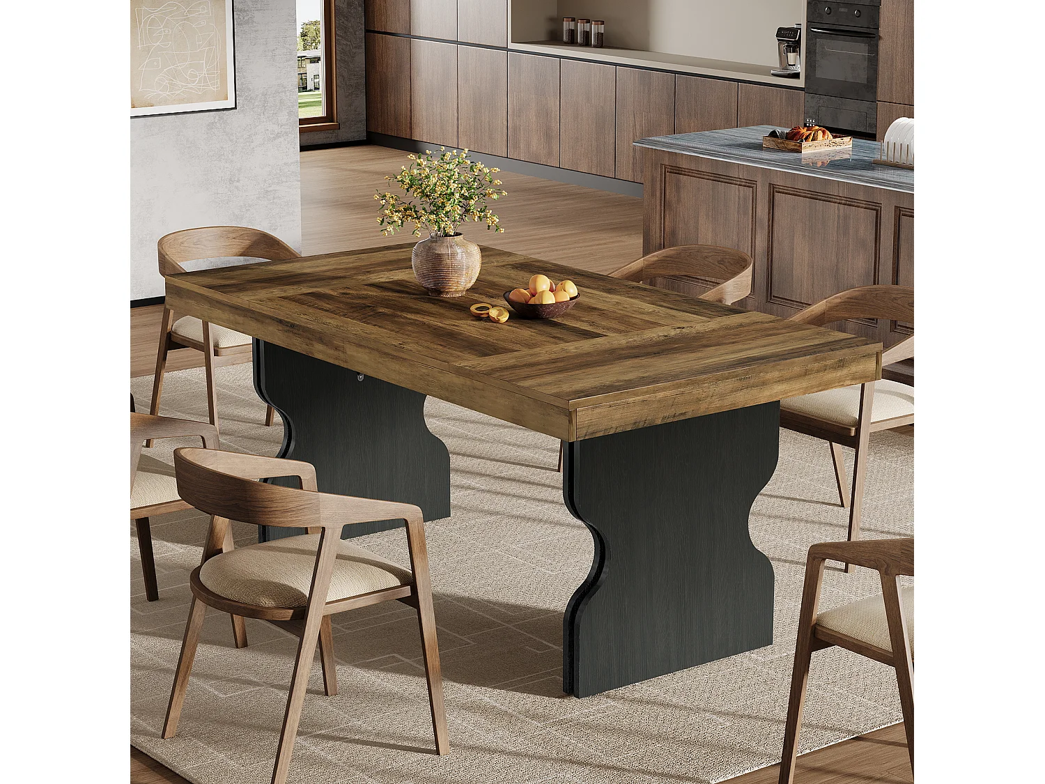 Table à manger rectangulaire de 160 cm pour 4 à 6 personnes, grande table de cuisine, marron et noir (table seule)