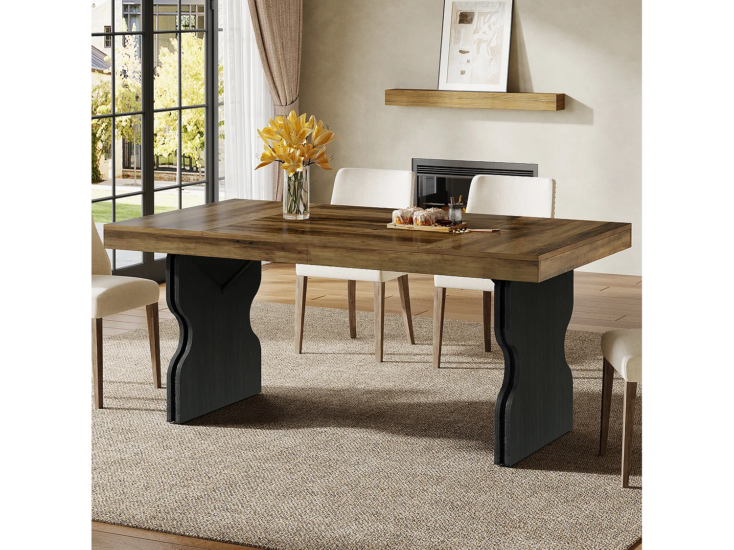 Table à manger rectangulaire de 160 cm pour 4 à 6 personnes, grande table de cuisine, marron et noir (table seule)