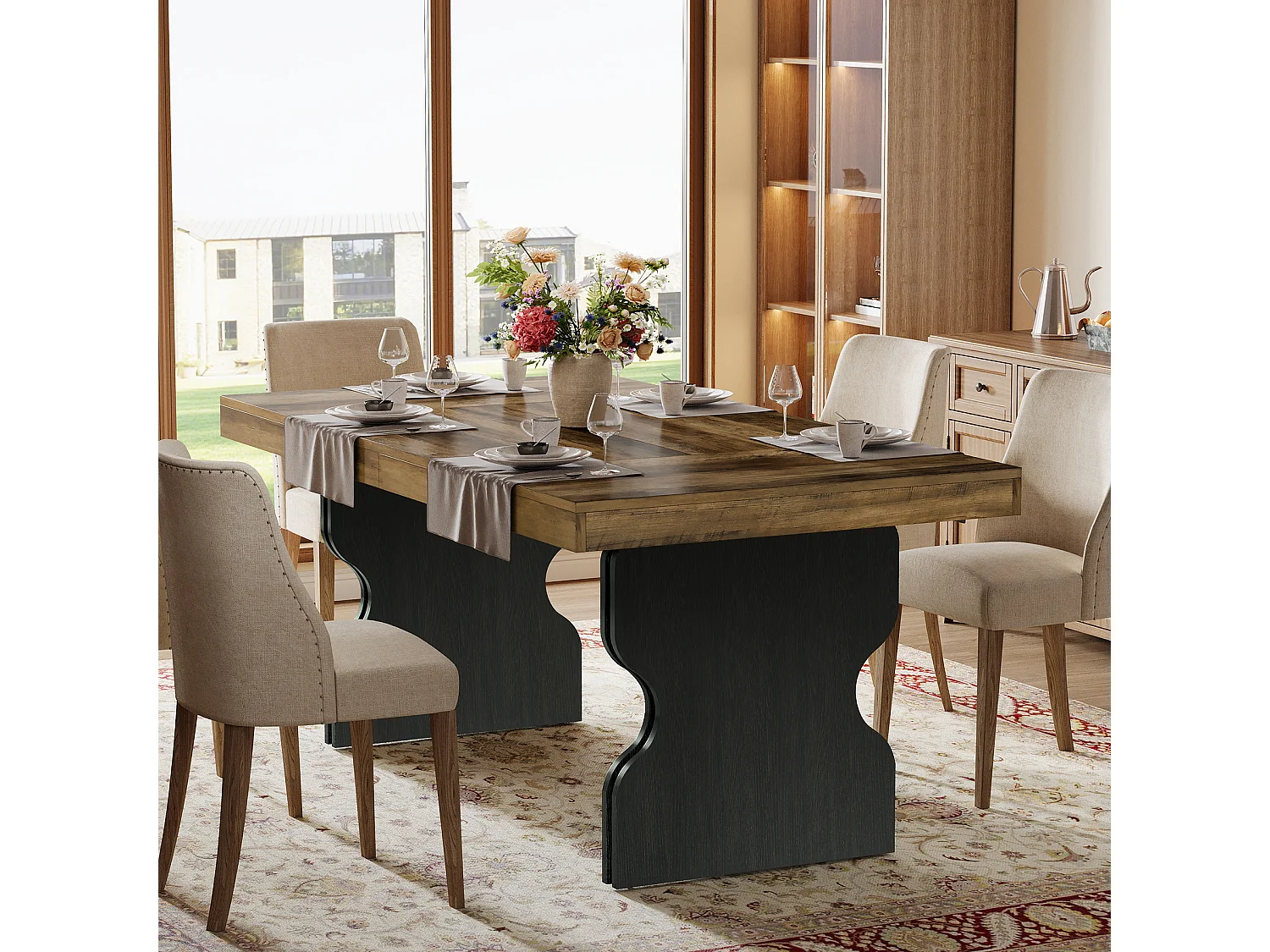 Table à manger rectangulaire de 160 cm pour 4 à 6 personnes, grande table de cuisine, marron et noir (table seule)