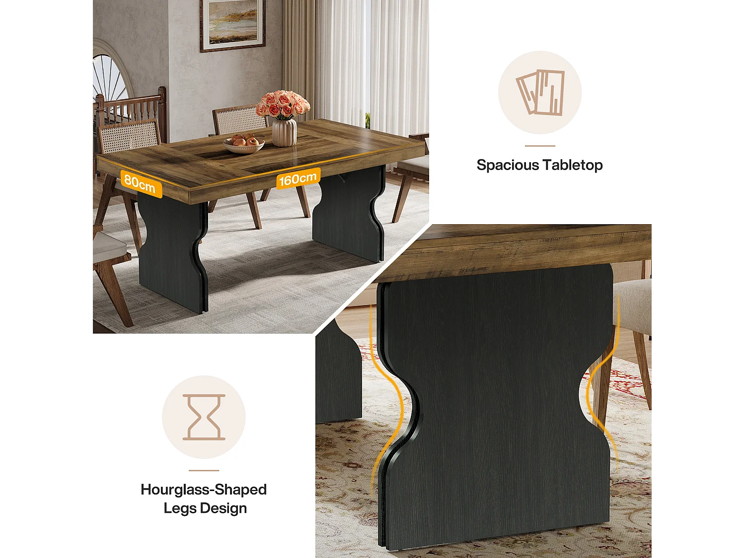 Table à manger rectangulaire de 160 cm pour 4 à 6 personnes, grande table de cuisine, marron et noir (table seule)