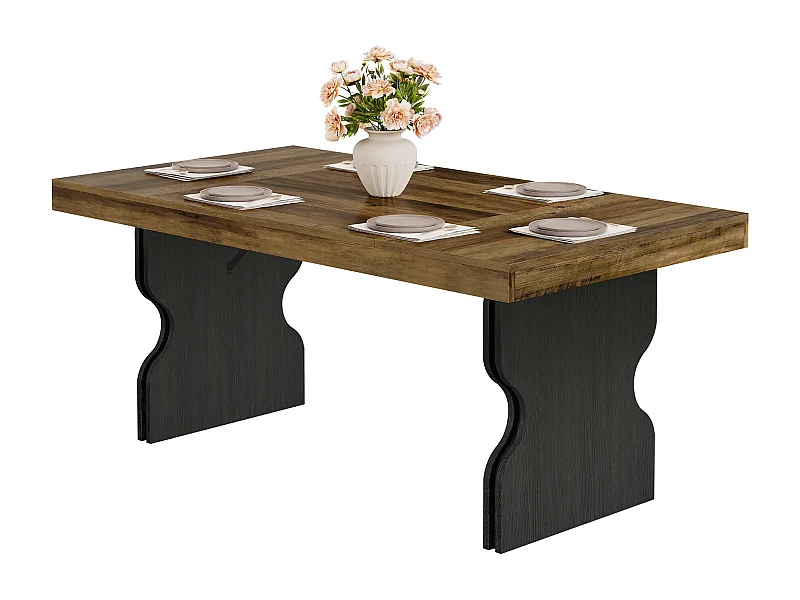 Mesa de jantar de 160 cm para 4-6 pessoas, móvel de cozinha e sala de jantar estilo caseiro com pernas em forma de ampulheta, cor marrom e preto (apenas a mesa)