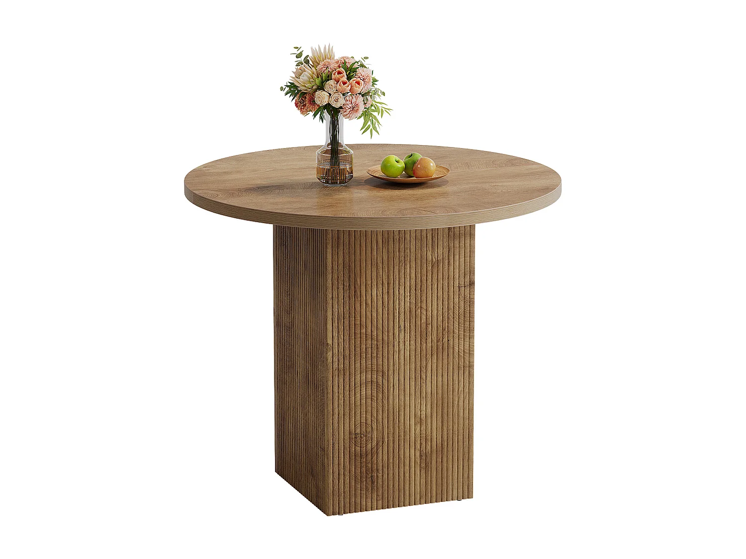 Petite table à manger ronde pour 2 personnes, 80 cm, avec piédestal cannelé en bois, idéale pour petits espaces, salle à manger, cuisine, appartement, marron