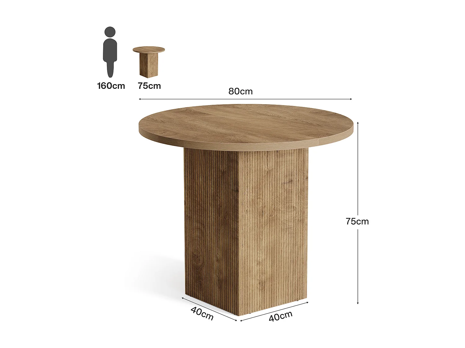 Petite table à manger ronde pour 2 personnes, 80 cm, avec piédestal cannelé en bois, idéale pour petits espaces, salle à manger, cuisine, appartement, marron
