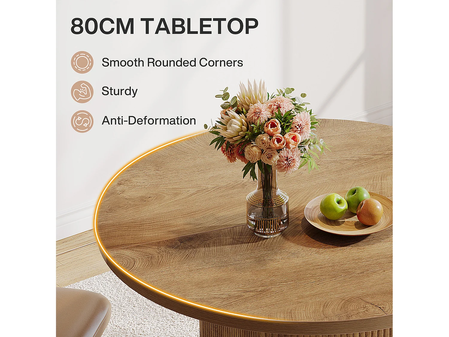 Petite table à manger ronde pour 2 personnes, 80 cm, avec piédestal cannelé en bois, idéale pour petits espaces, salle à manger, cuisine, appartement, marron