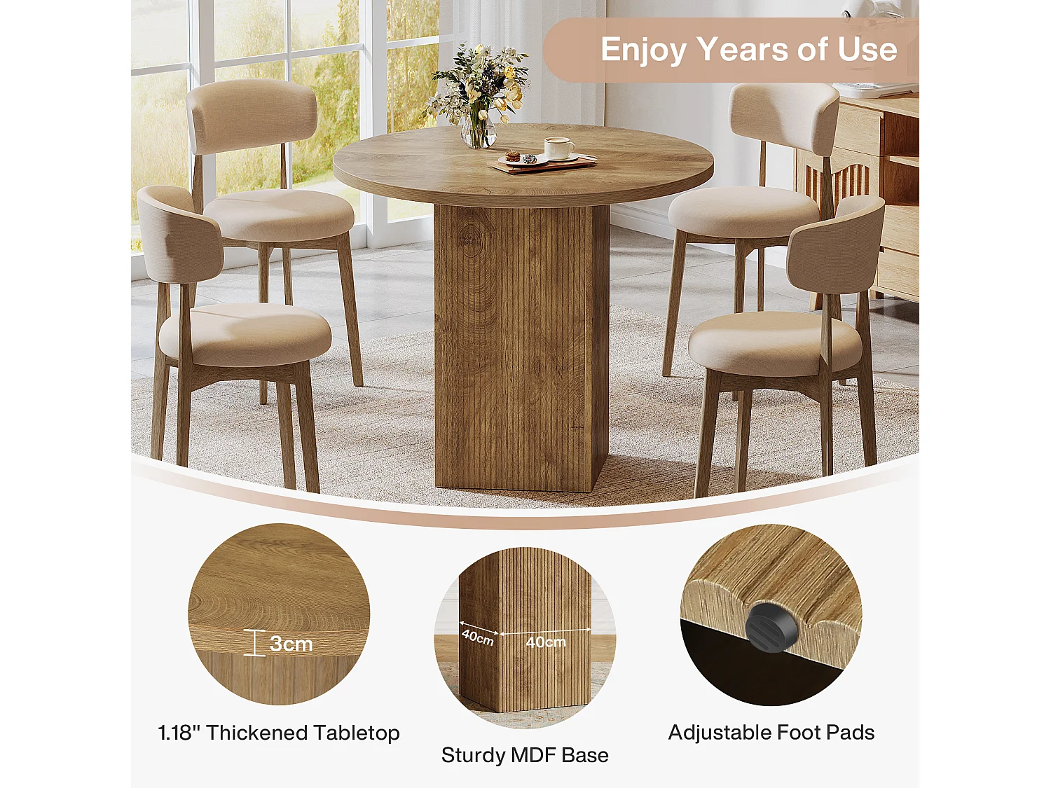 Petite table à manger ronde pour 2 personnes, 80 cm, avec piédestal cannelé en bois, idéale pour petits espaces, salle à manger, cuisine, appartement, marron