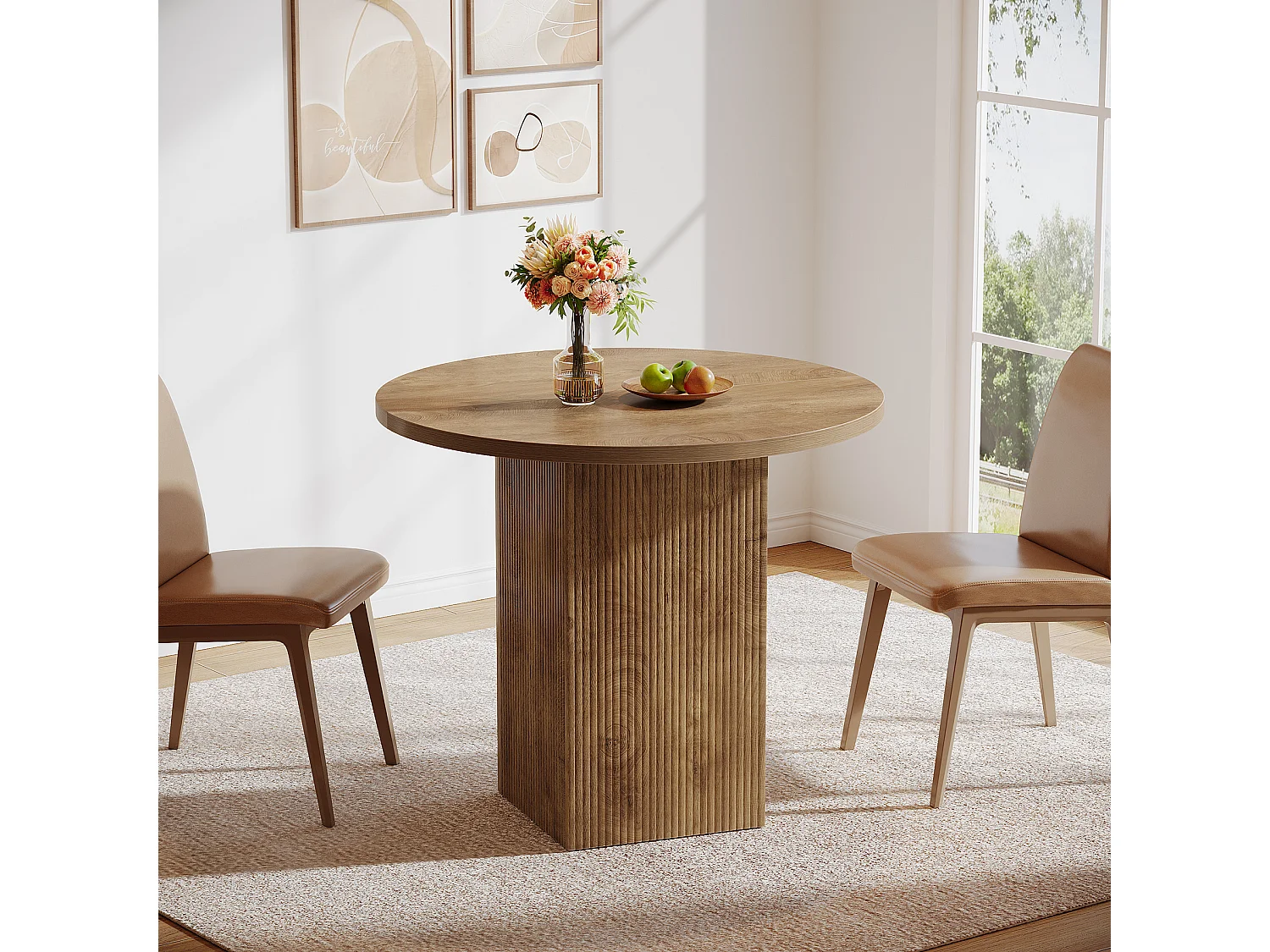 Petite table à manger ronde pour 2 personnes, 80 cm, avec piédestal cannelé en bois, idéale pour petits espaces, salle à manger, cuisine, appartement, marron