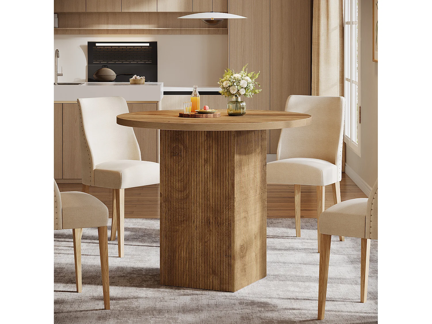 Petite table à manger ronde pour 2 personnes, 80 cm, avec piédestal cannelé en bois, idéale pour petits espaces, salle à manger, cuisine, appartement, marron