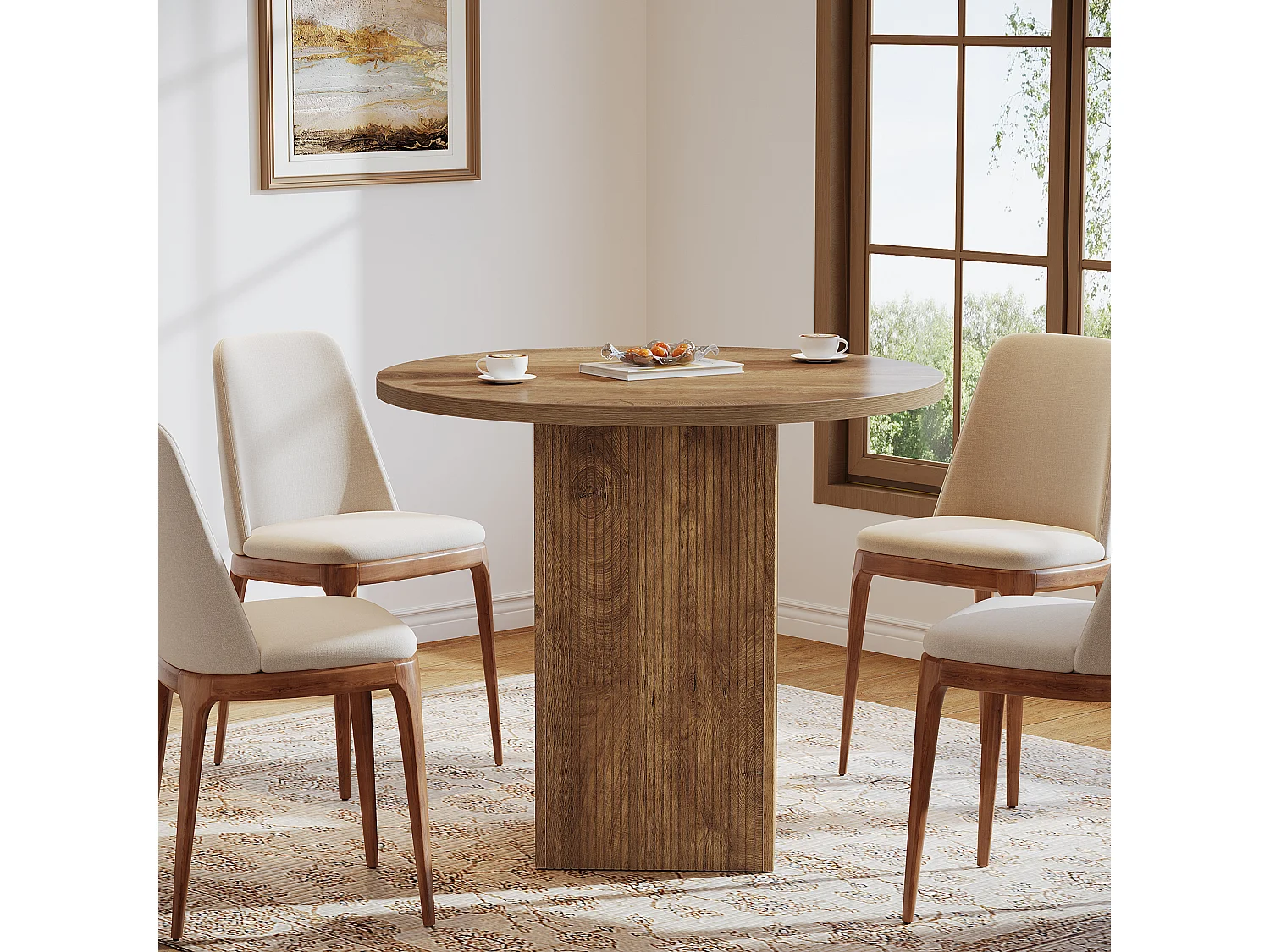 Petite table à manger ronde pour 2 personnes, 80 cm, avec piédestal cannelé en bois, idéale pour petits espaces, salle à manger, cuisine, appartement, marron