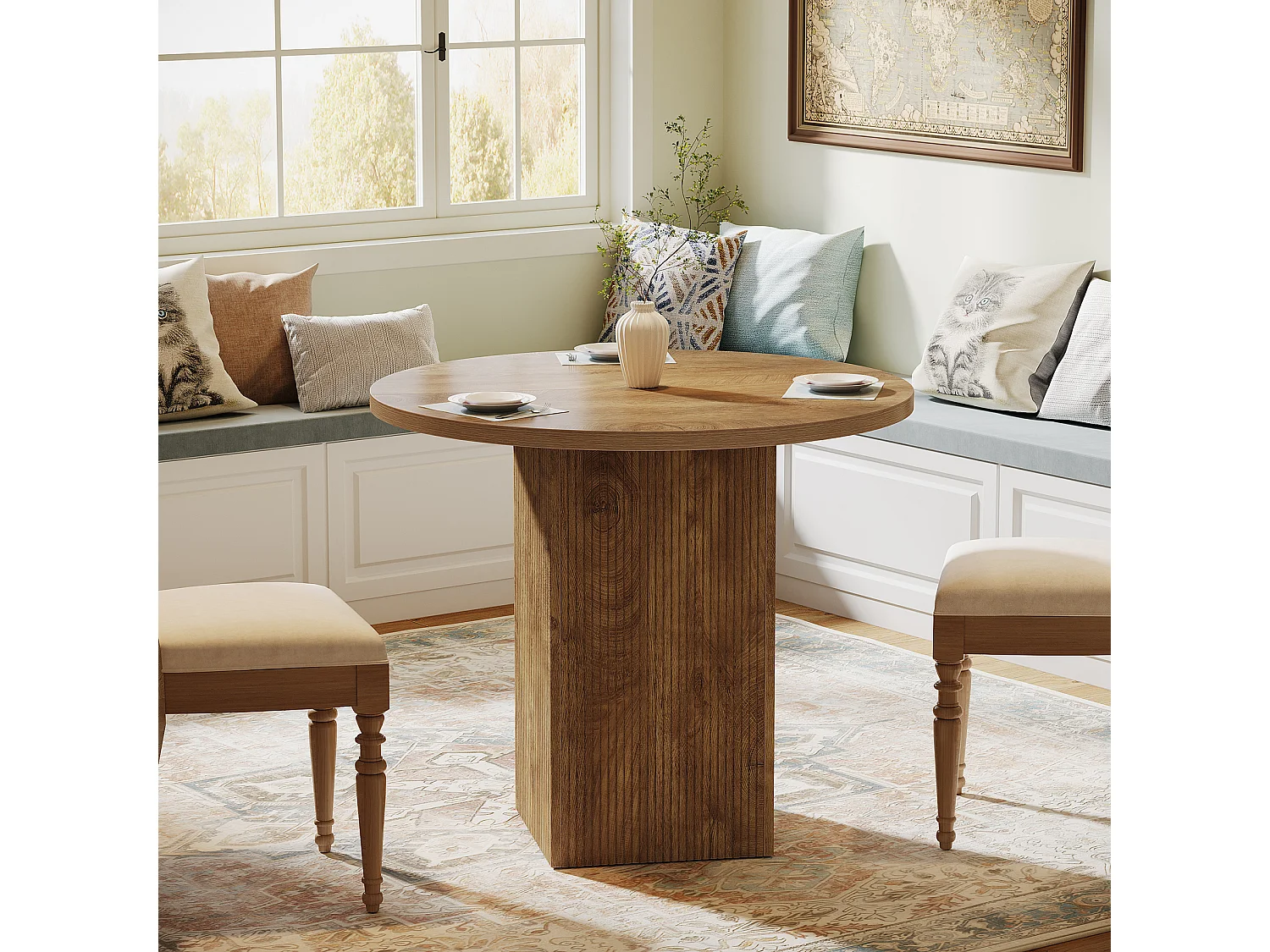 Petite table à manger ronde pour 2 personnes, 80 cm, avec piédestal cannelé en bois, idéale pour petits espaces, salle à manger, cuisine, appartement, marron