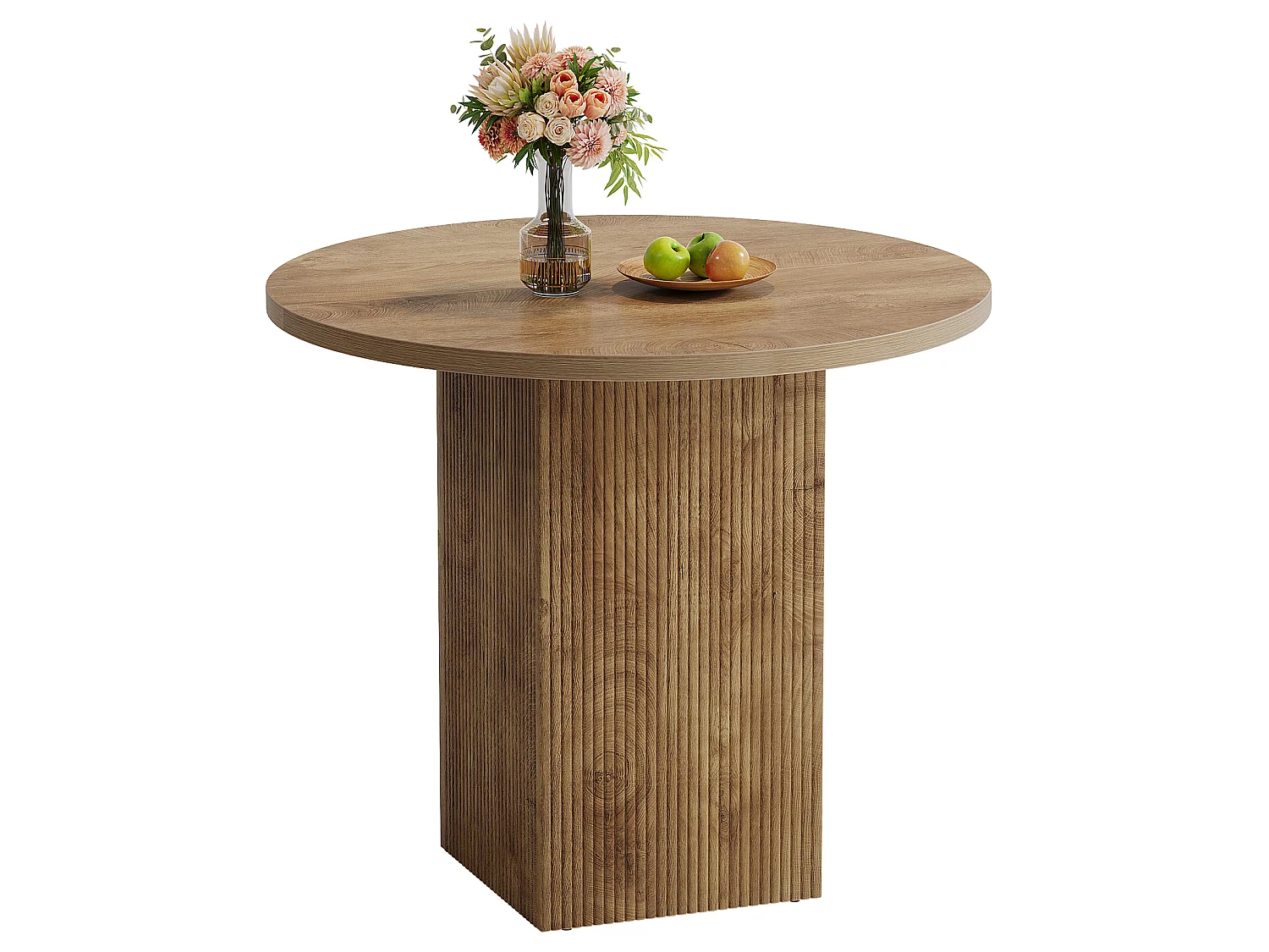 Petite table à manger ronde pour 2 personnes, 80 cm, avec piédestal cannelé en bois, idéale pour petits espaces, salle à manger, cuisine, appartement, marron