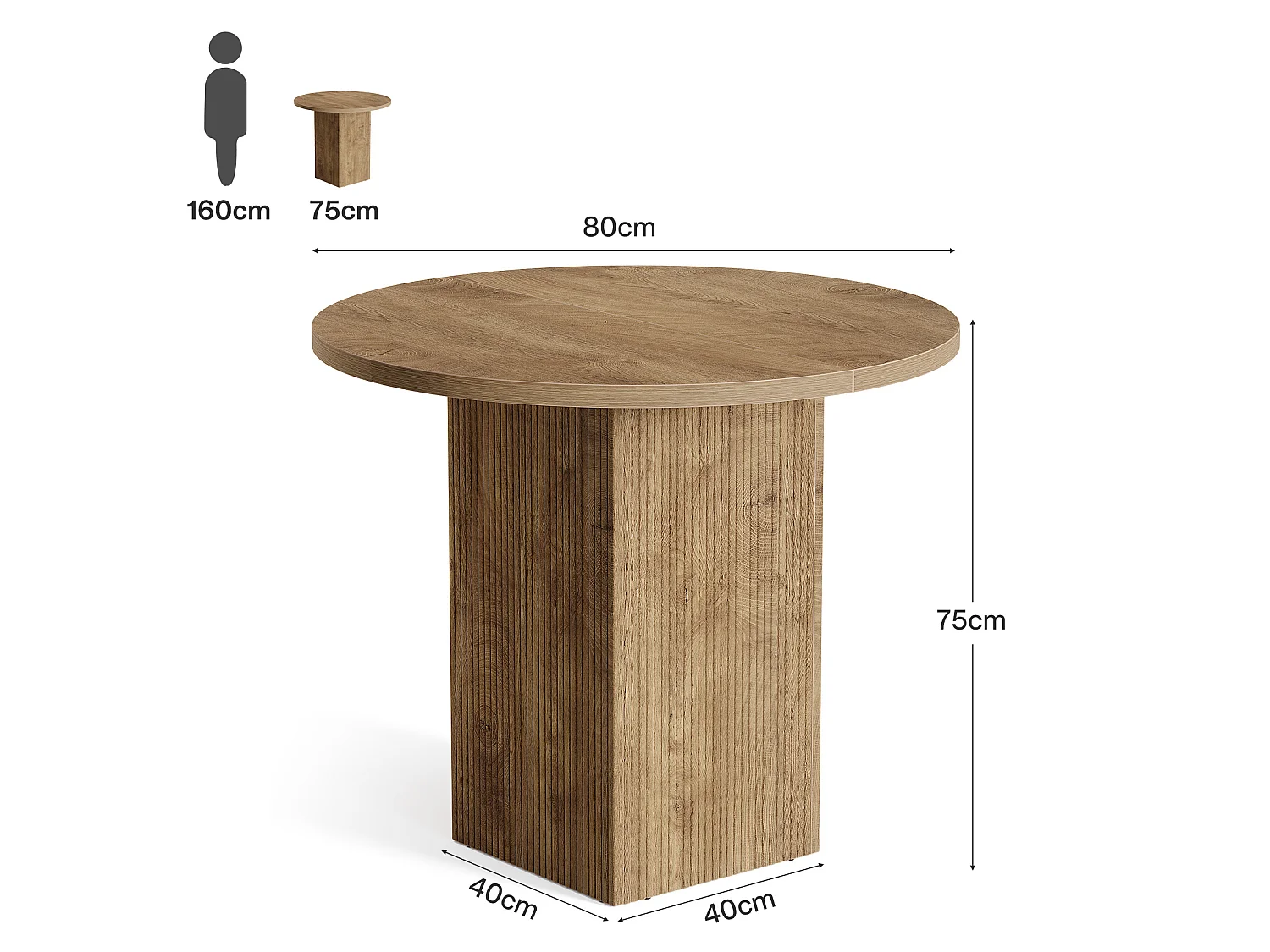 Petite table à manger ronde pour 2 personnes, 80 cm, avec piédestal cannelé en bois, idéale pour petits espaces, salle à manger, cuisine, appartement, marron