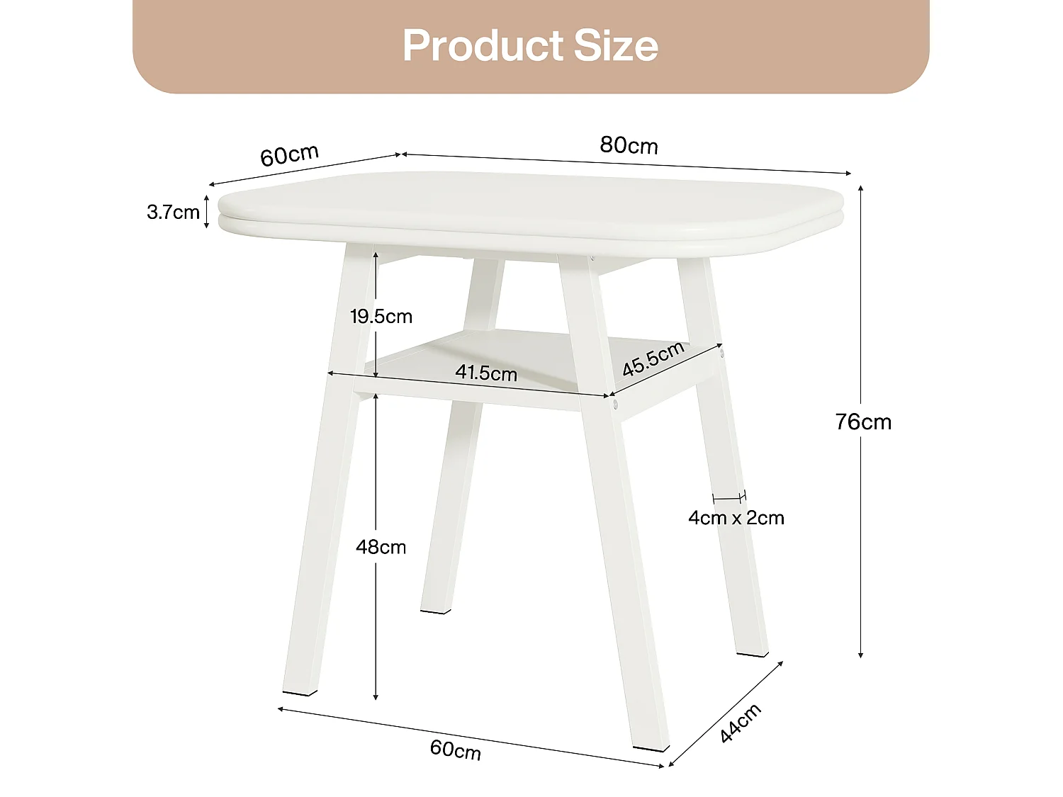 Eettafel voor 2-4 personen, 80 cm kleine moderne keukentafel met opbergplank en metalen framepoten, wit