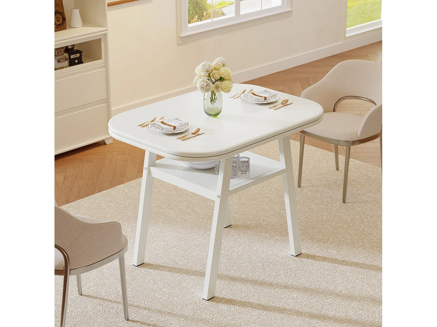 Eettafel voor 2-4 personen, 80 cm kleine moderne keukentafel met opbergplank en metalen framepoten, wit