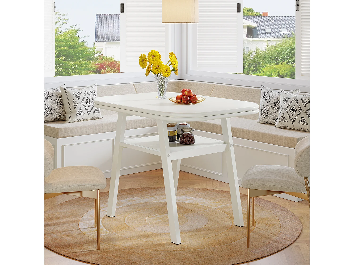 Eettafel voor 2-4 personen, 80 cm kleine moderne keukentafel met opbergplank en metalen framepoten, wit