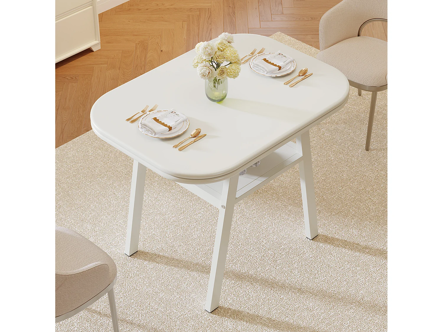 Eettafel voor 2-4 personen, 80 cm kleine moderne keukentafel met opbergplank en metalen framepoten, wit