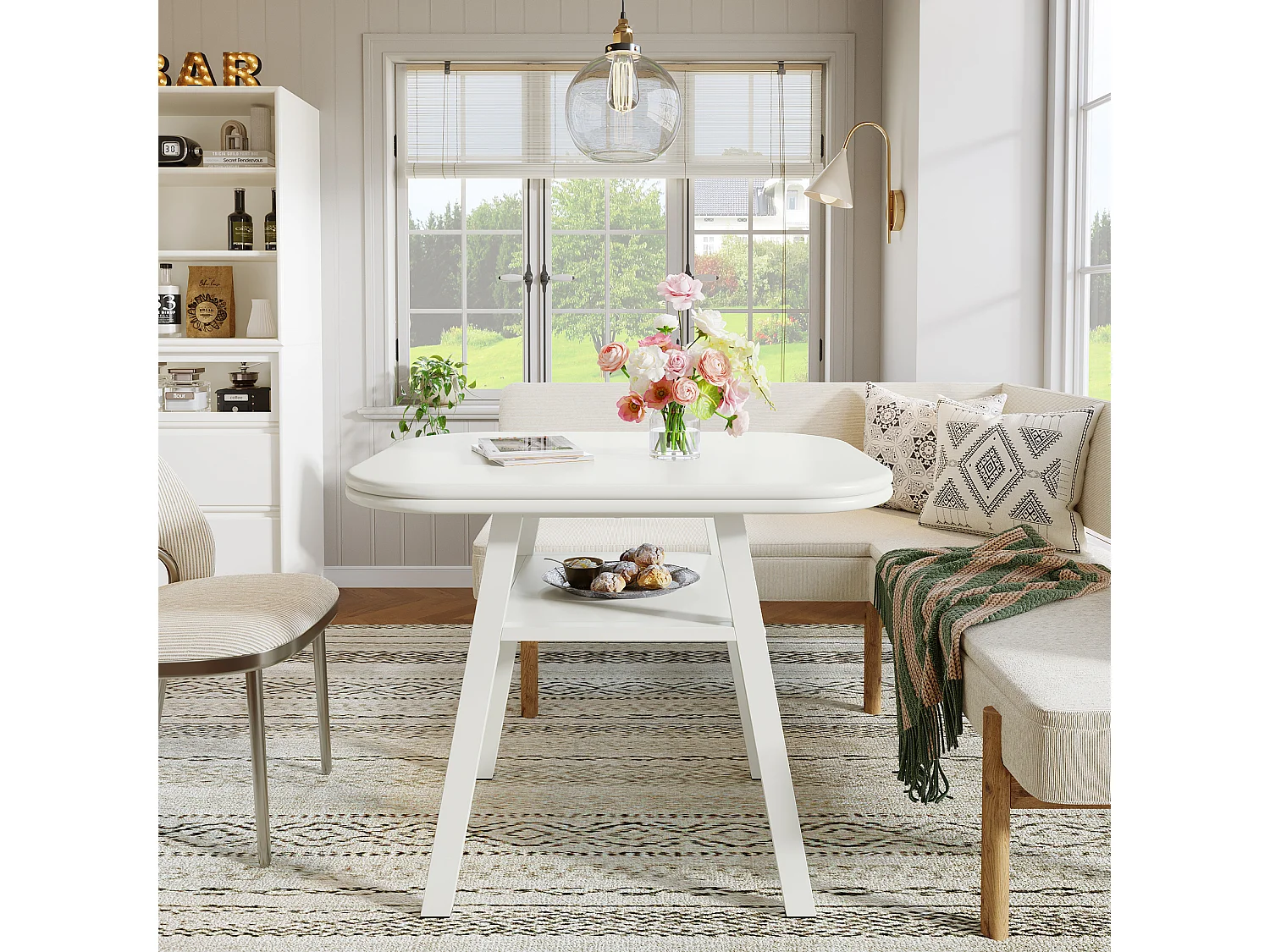 Eettafel voor 2-4 personen, 80 cm kleine moderne keukentafel met opbergplank en metalen framepoten, wit