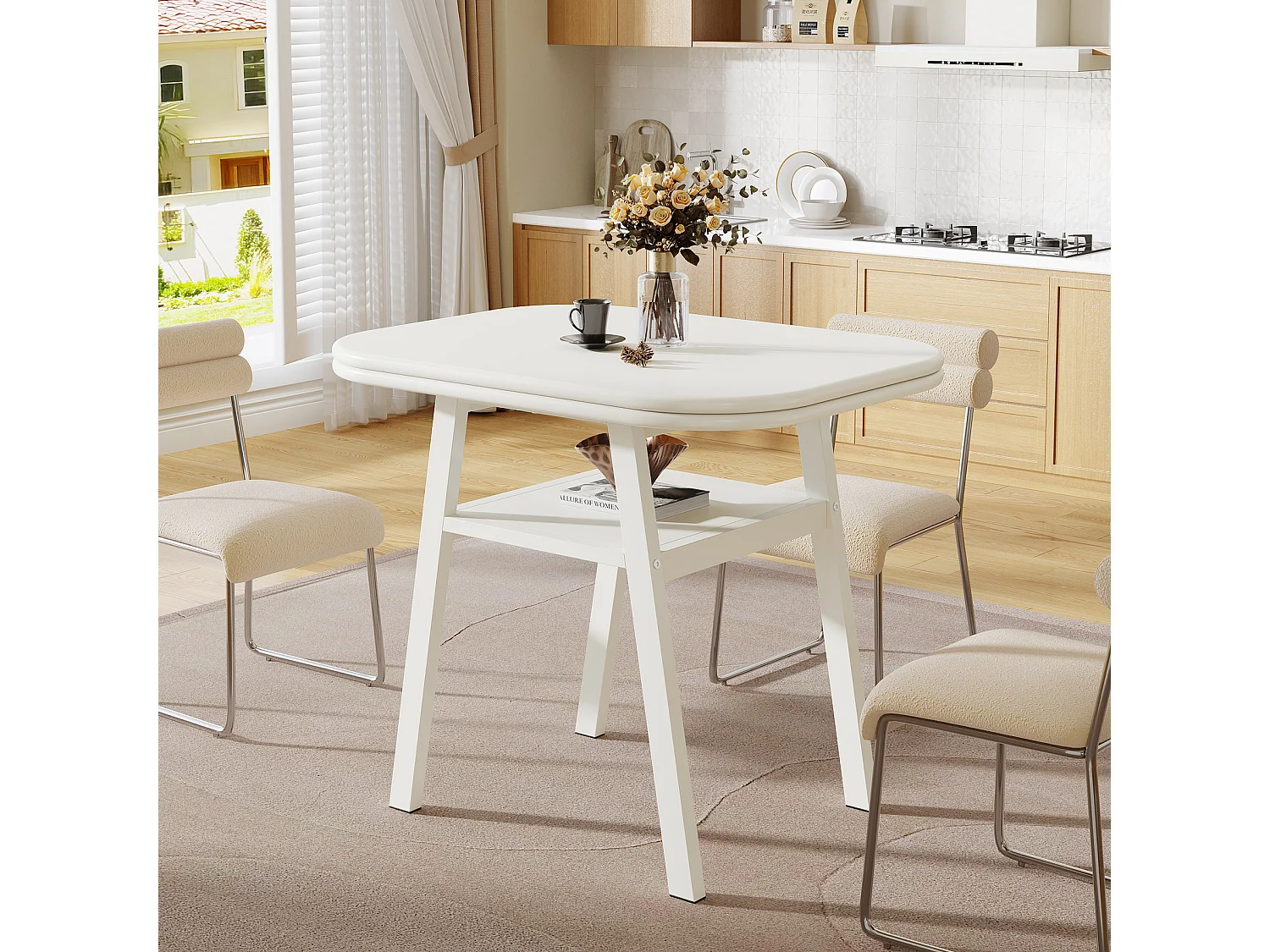 Eettafel voor 2-4 personen, 80 cm kleine moderne keukentafel met opbergplank en metalen framepoten, wit