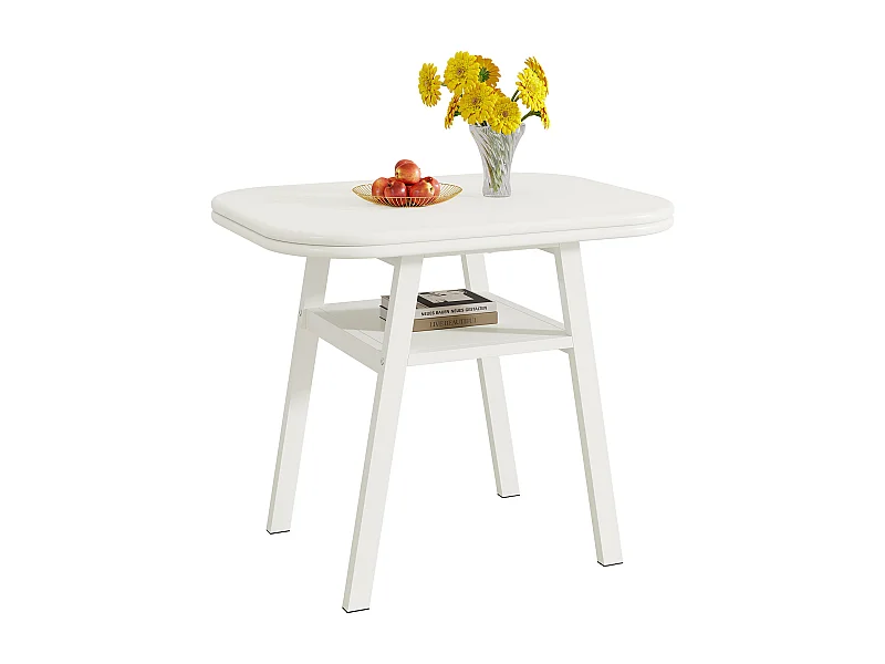 Eettafel voor 2-4 personen, 80 cm kleine moderne keukentafel met opbergplank en metalen framepoten, wit
