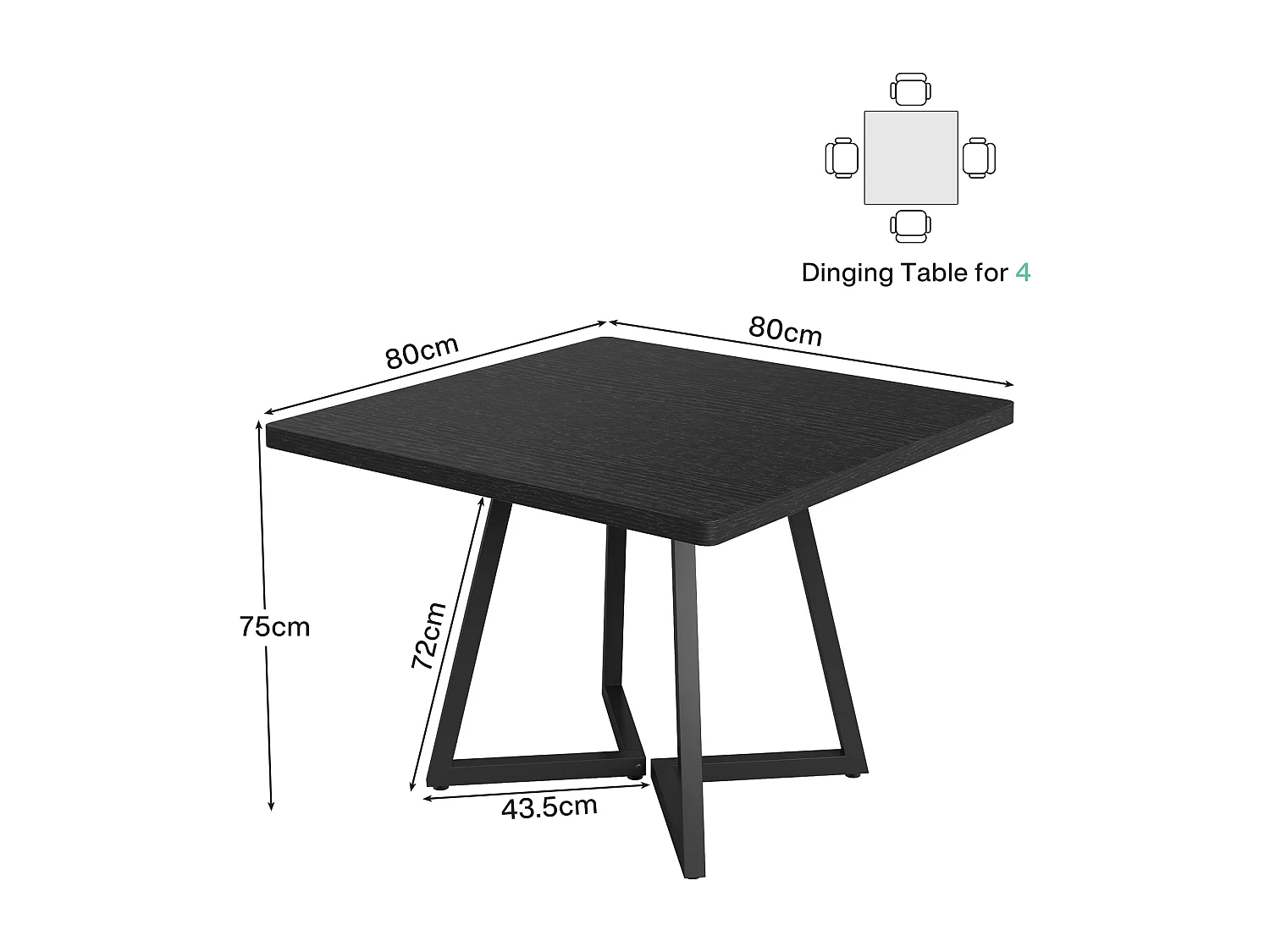 Eettafel voor 4 personen, moderne stijl, stevig metalen frame, 80 x 80 x 75 cm keukentafel voor eetkamer (zwart)