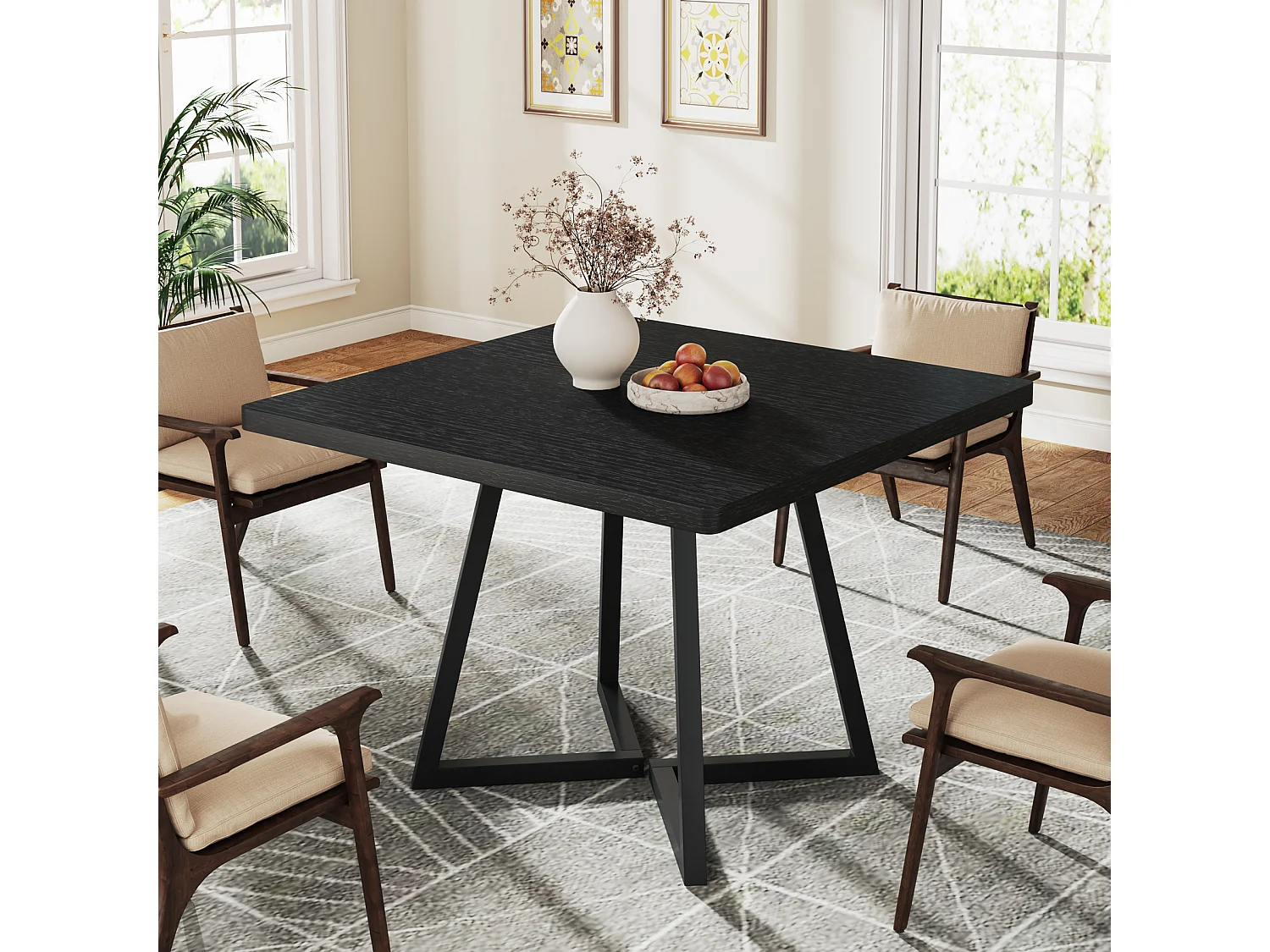 Eettafel voor 4 personen, moderne stijl, stevig metalen frame, 80 x 80 x 75 cm keukentafel voor eetkamer (zwart)